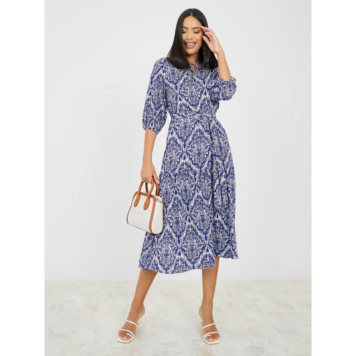 Styli Damask AOP Self Tie Belt A-Line Midi Dress-women-clothing-dresses-image-2