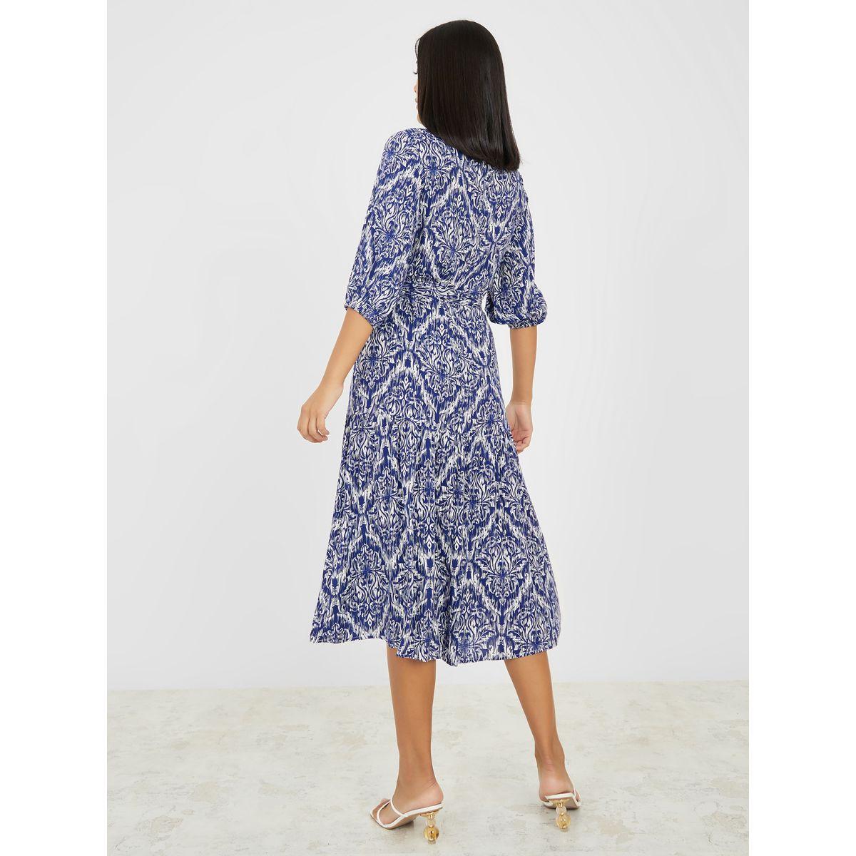 Styli Damask AOP Self Tie Belt A-Line Midi Dress-women-clothing-dresses-image-4