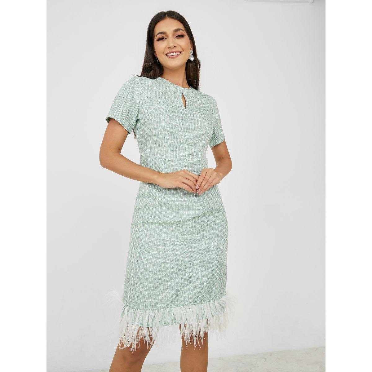 فستان بطول الركبة مزين بريش صناعي-women-clothing-dresses-image-2