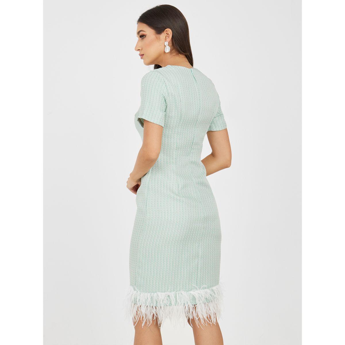 Styli Faux Feather Trim Tweed Sheath Knee Length Dress-women-clothing-dresses-image-5