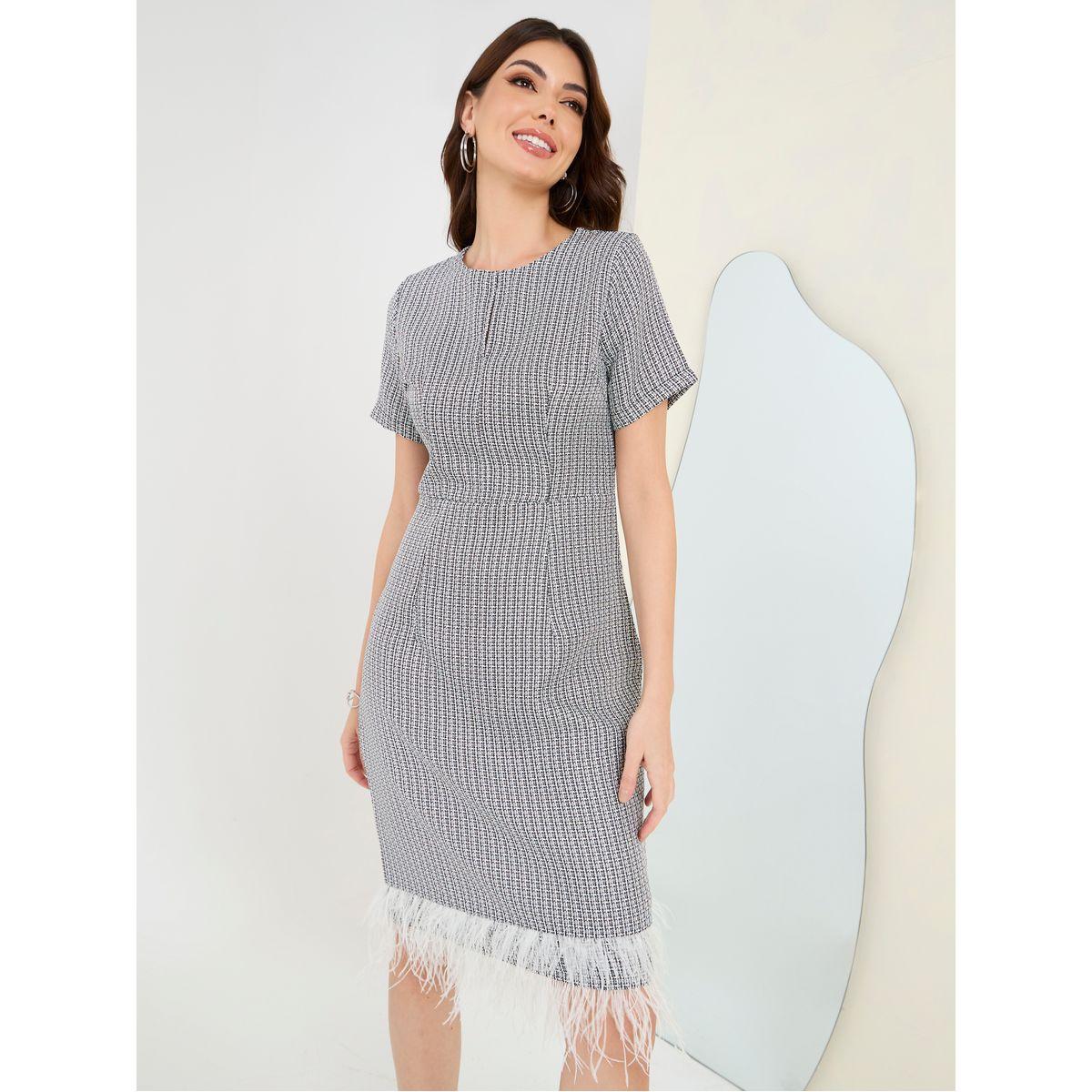 Styli Faux Feather Trim Tweed Sheath Knee Length Dress-women-clothing-dresses-image-1