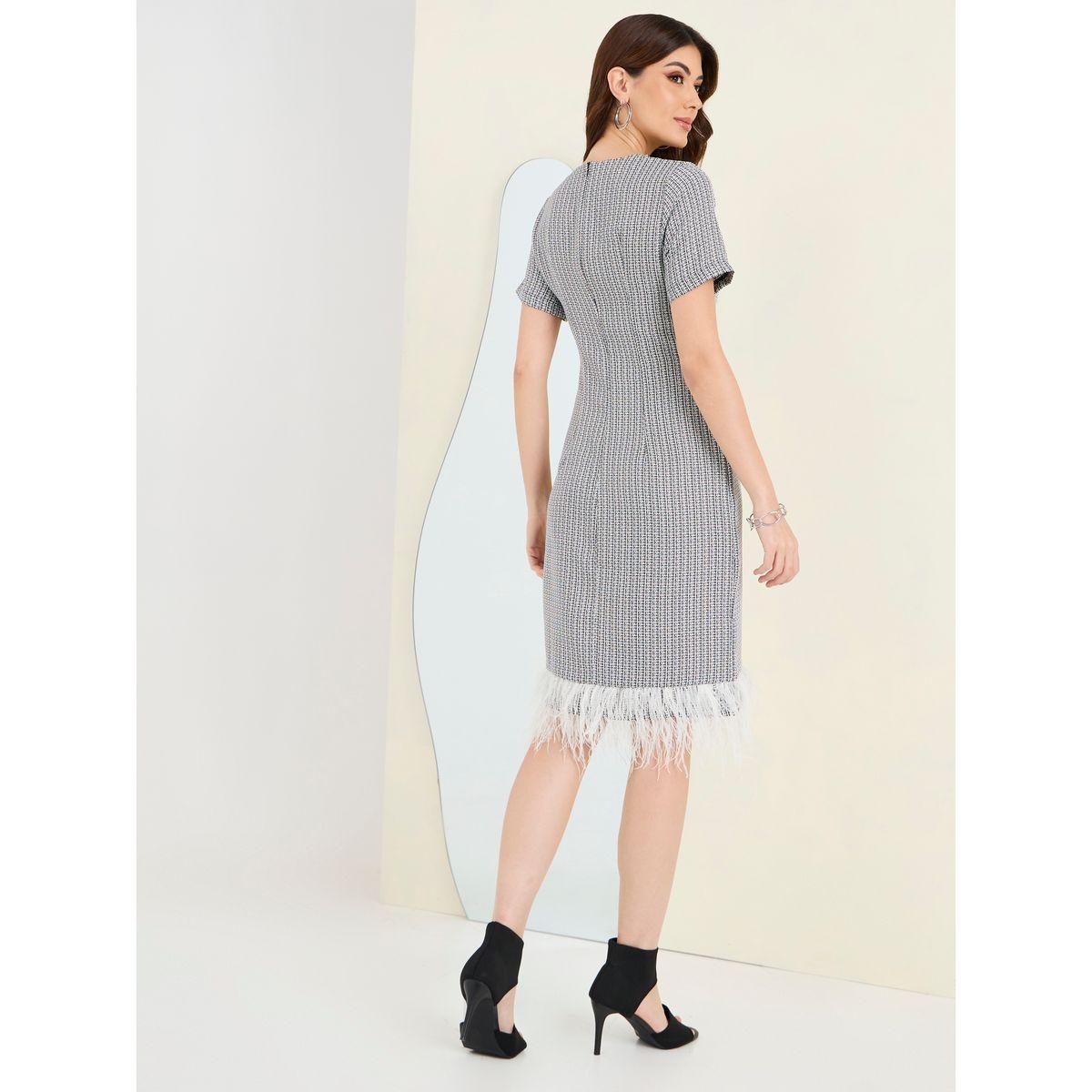 Styli Faux Feather Trim Tweed Sheath Knee Length Dress-women-clothing-dresses-image-4