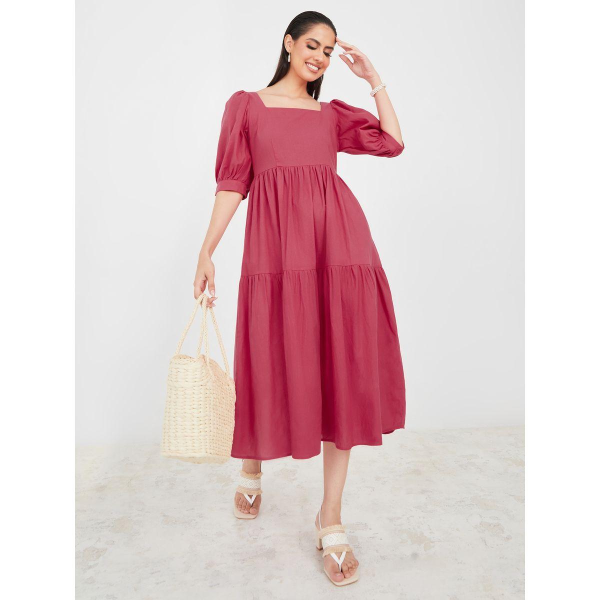 Styli Square Neck Cotton Tiered Midi Dress-women-clothing-dresses-image-1