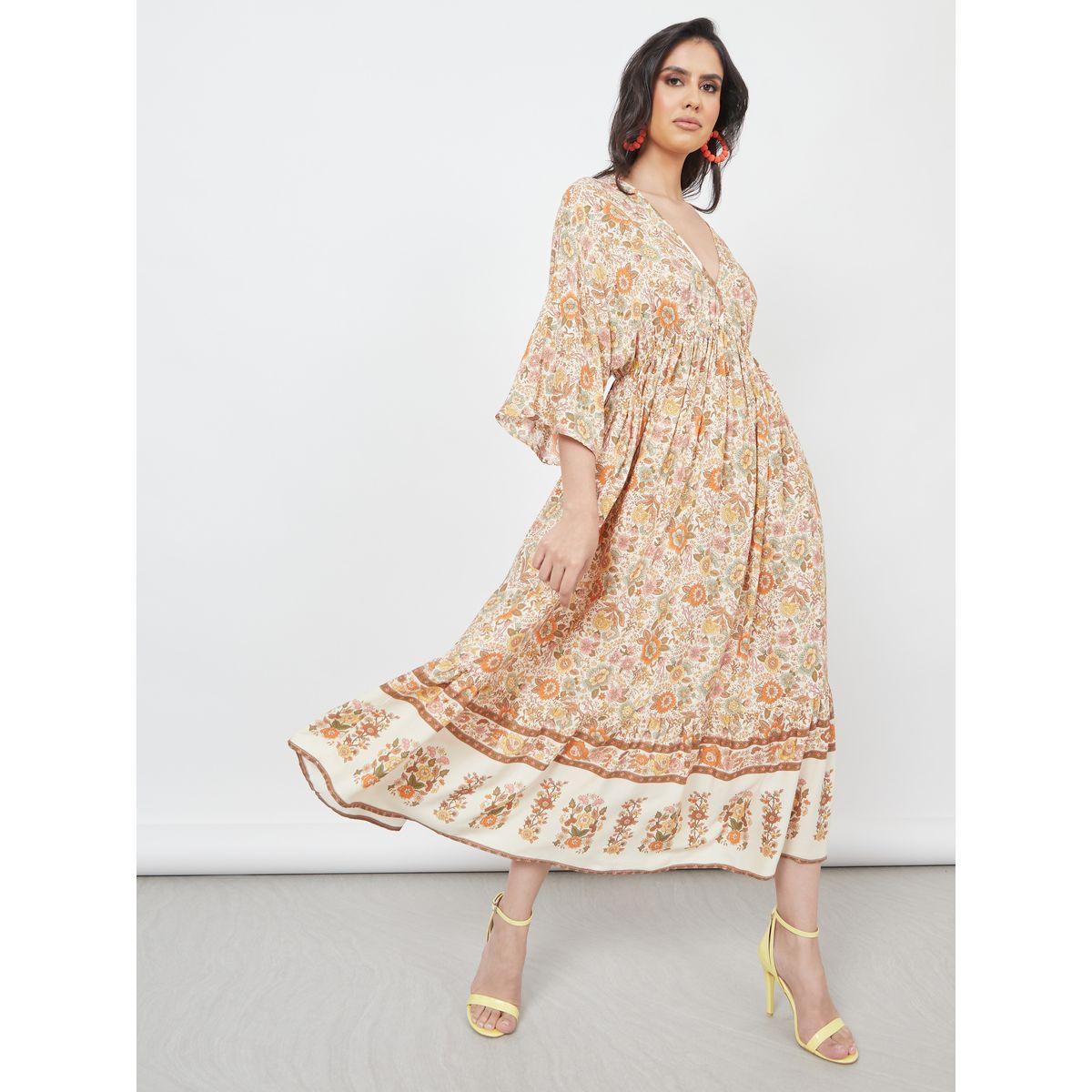 Styli Gathered Detail Bohemian Print A-Line Midi Dress-women-clothing-dresses-image-1