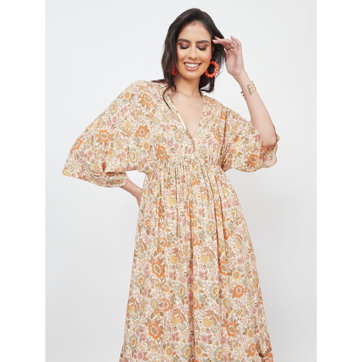 Styli Gathered Detail Bohemian Print A-Line Midi Dress-women-clothing-dresses-image-2