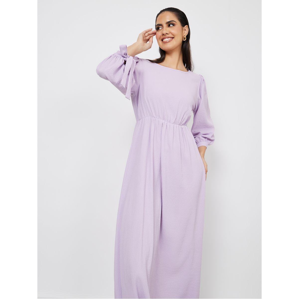Styli Tie-Cuff Sleeve Textured A-Line Maxi Dress-women-clothing-dresses-image-2