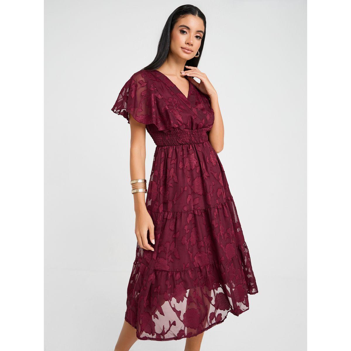 Styli Jacquard Frill Sleeve Tiered Midi Dress-women-clothing-dresses-image-1