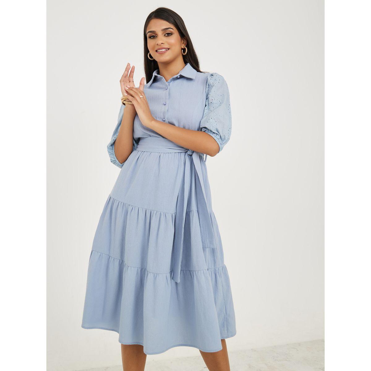 Styli Button Through Tiered Midi Dress with Self Tie Belt-women-clothing-dresses-image-1