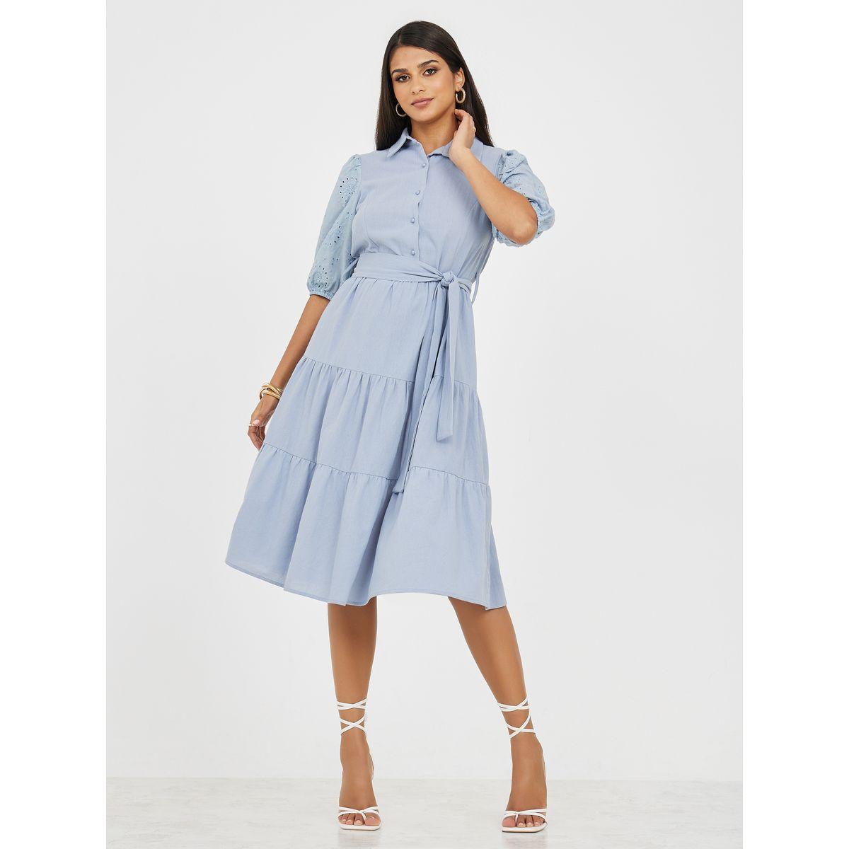 فستان ميدي بكسرات ورباط خصر-women-clothing-dresses-image-2