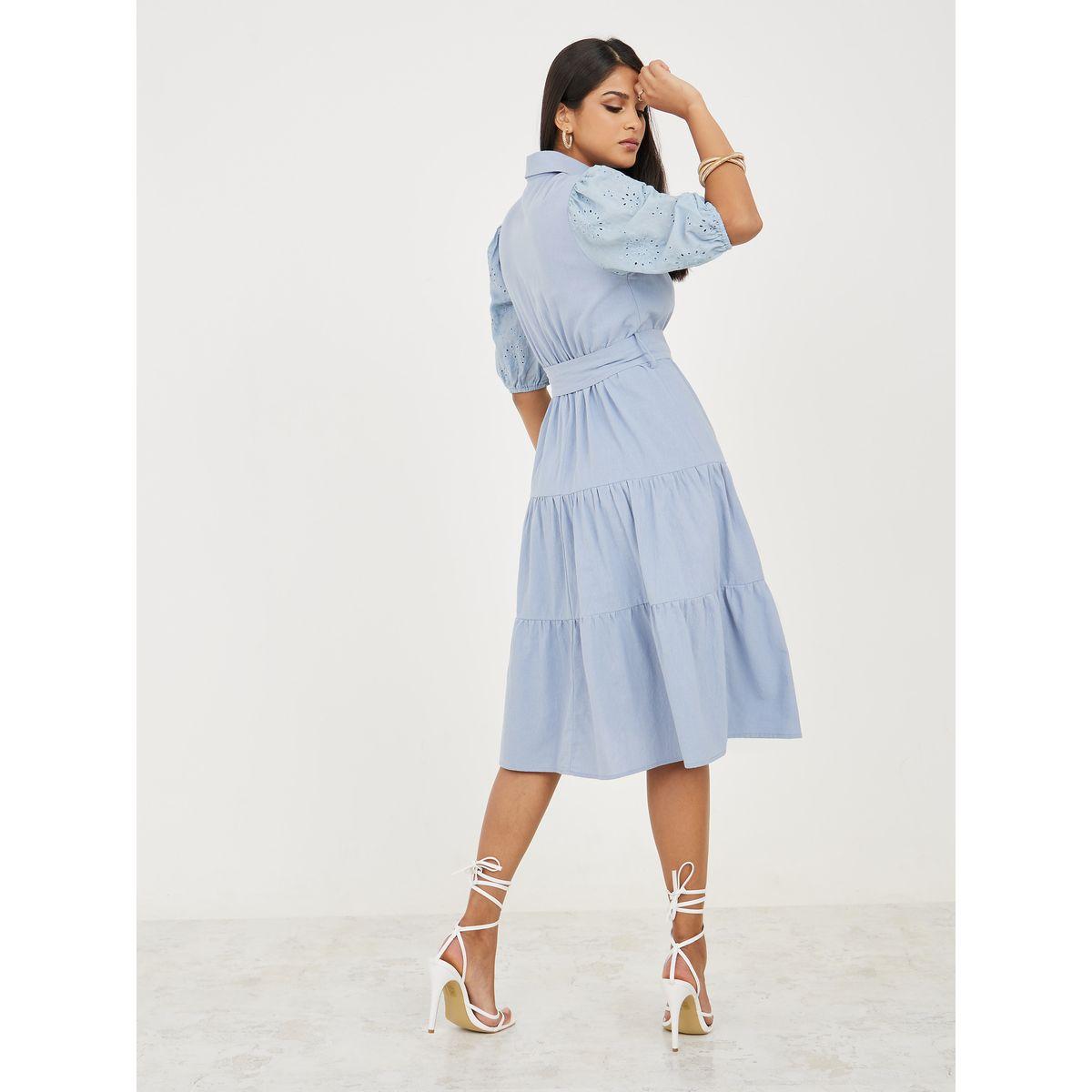Styli Button Through Tiered Midi Dress with Self Tie Belt-women-clothing-dresses-image-4