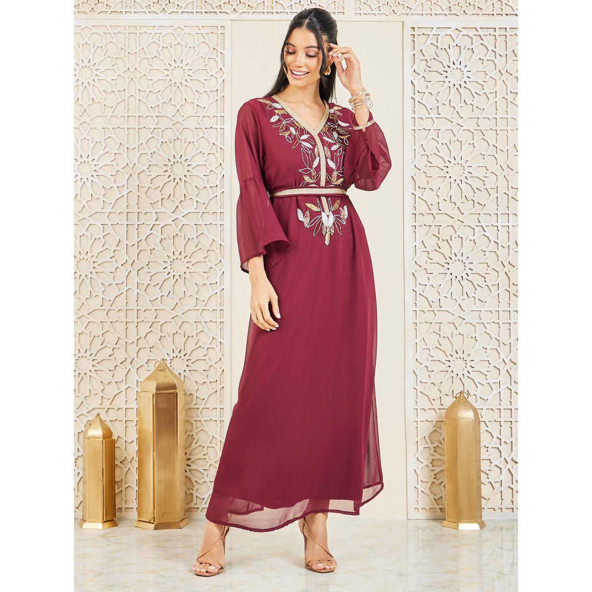 Styli Sequined and Beaded Embroidery Detail Kaftan-women-arabicclothing-kaftan-image-1