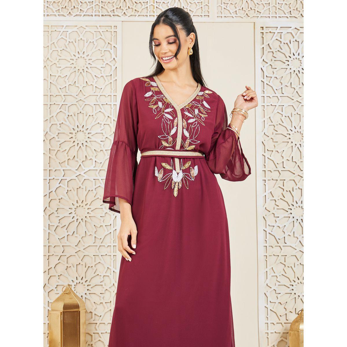 Styli Sequined and Beaded Embroidery Detail Kaftan-women-arabicclothing-kaftan-image-2