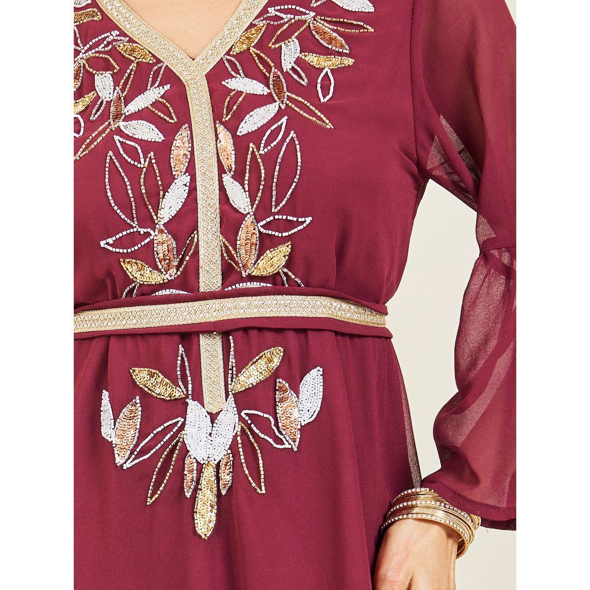Styli Sequined and Beaded Embroidery Detail Kaftan-women-arabicclothing-kaftan-image-3