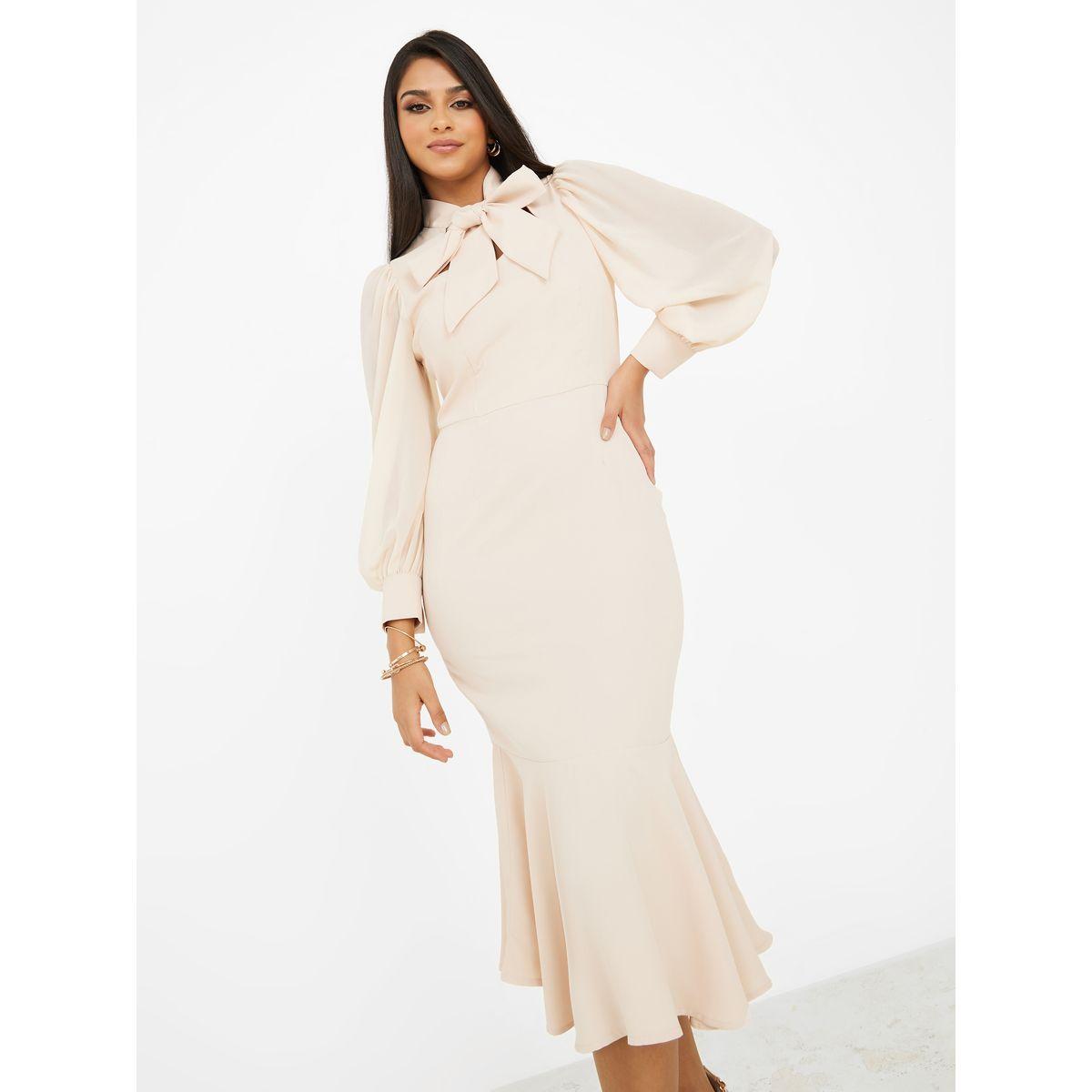 فستان ميدي بياقة بأربطة-women-clothing-dresses-image-1