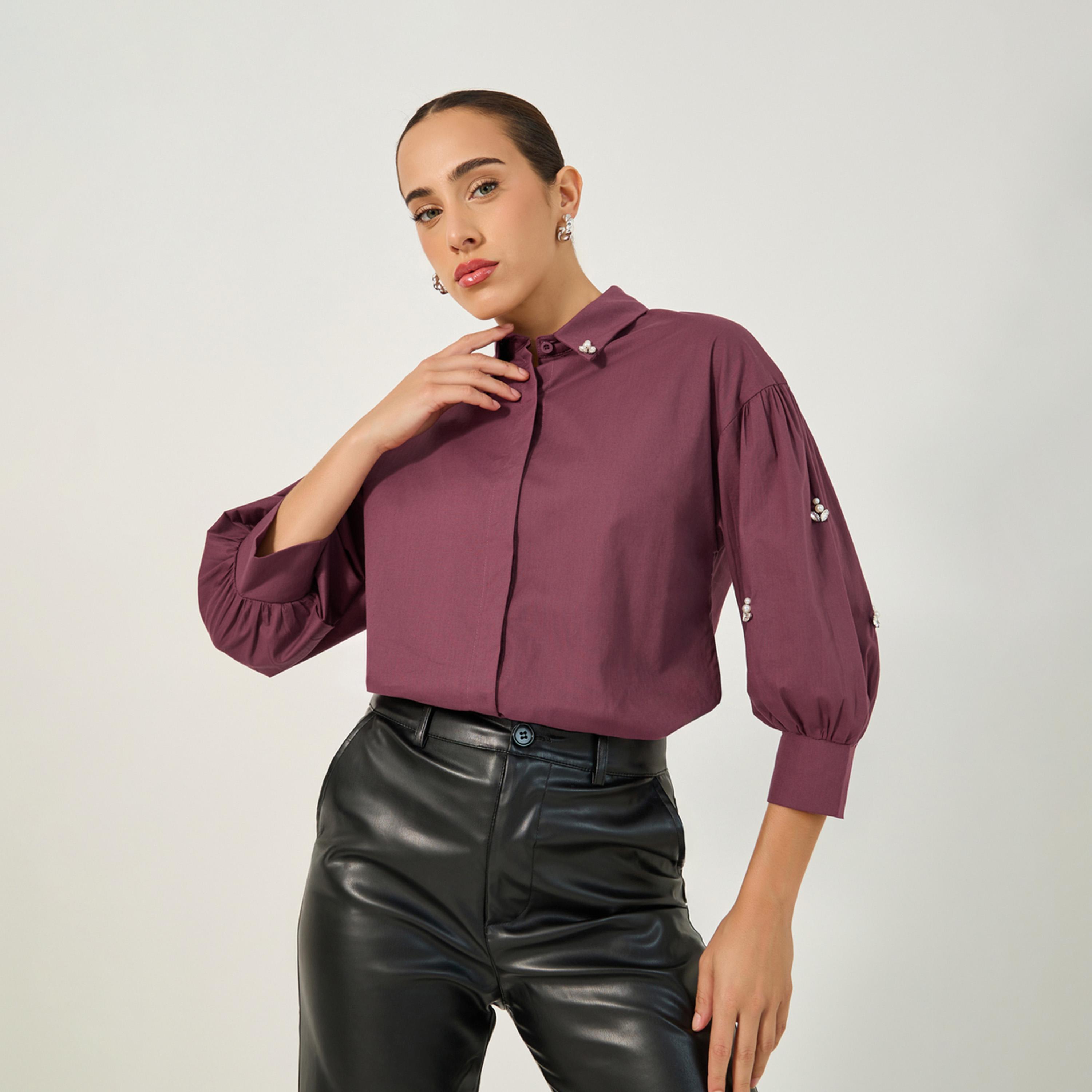 ستايلي - قميص مزين بياقة واسعة وأكمام منفوخة-women-clothing-shirtsandblouses-shirts-image-1
