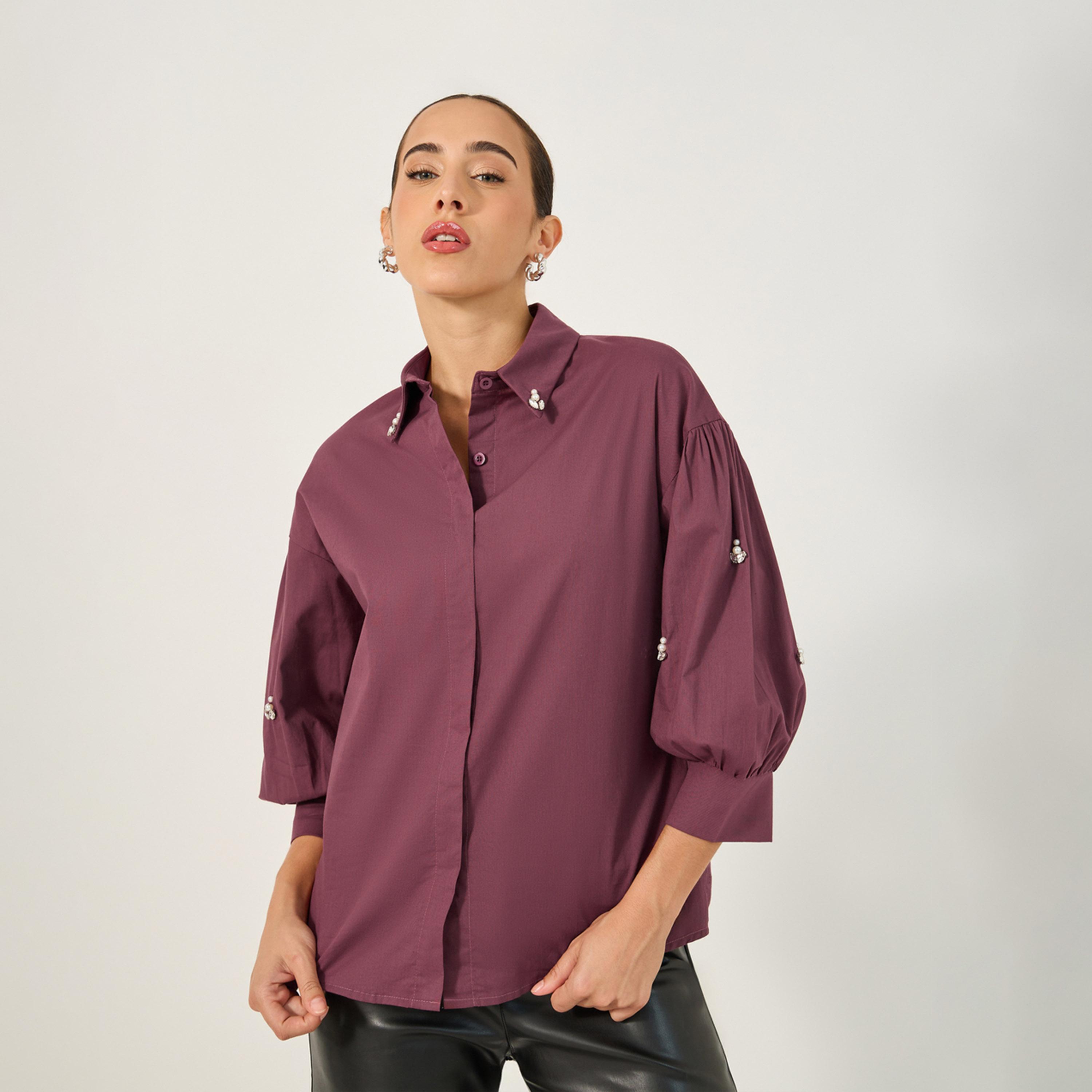 Styli Embellished Spread Collar Balloon Sleeve Shirt-women-clothing-shirtsandblouses-shirts-image-3