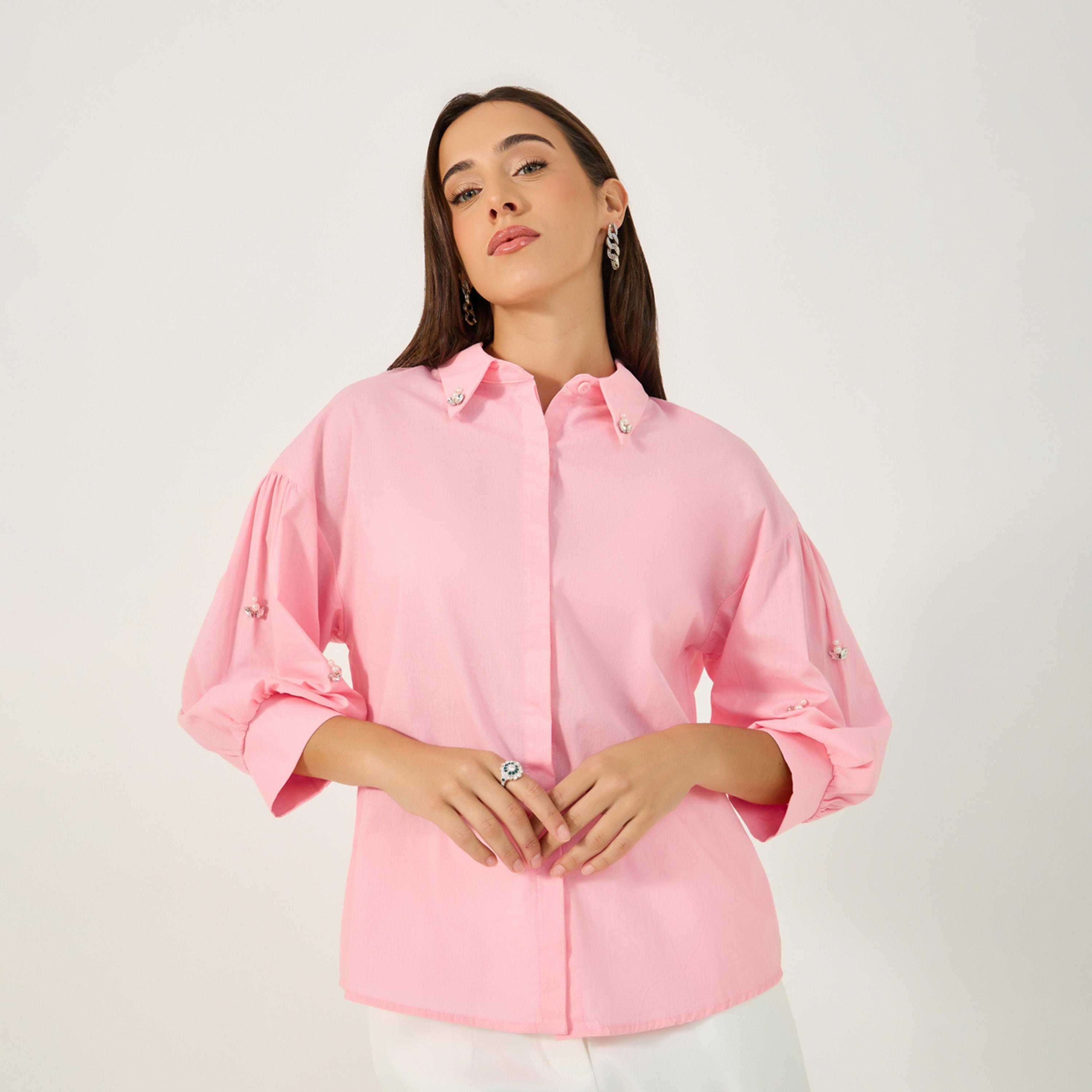 Styli Embellished Spread Collar Balloon Sleeve Shirt-women-clothing-shirtsandblouses-shirts-image-1