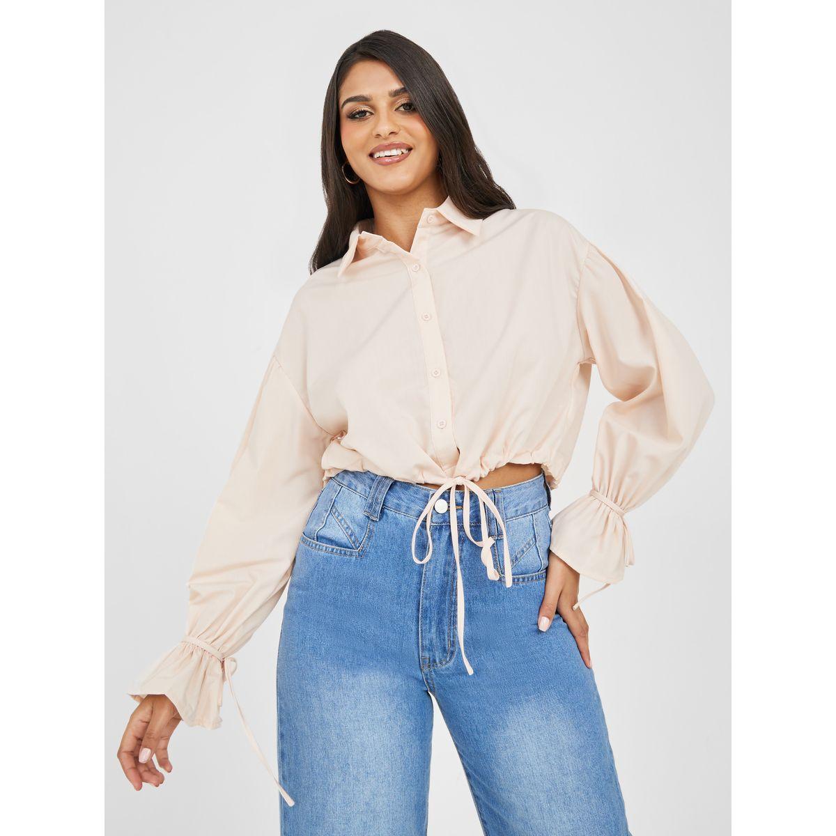Styli Oversized Tie Up Hem Collared Neck Shirt-women-clothing-shirtsandblouses-shirts-image-1