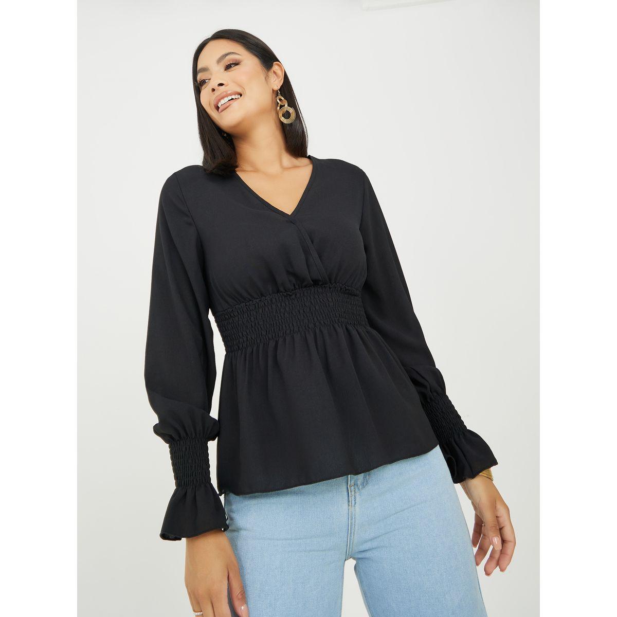 بلوزة بنمط لف واكمام مكبلة-women-clothing-shirtsandblouses-blouses-image-1
