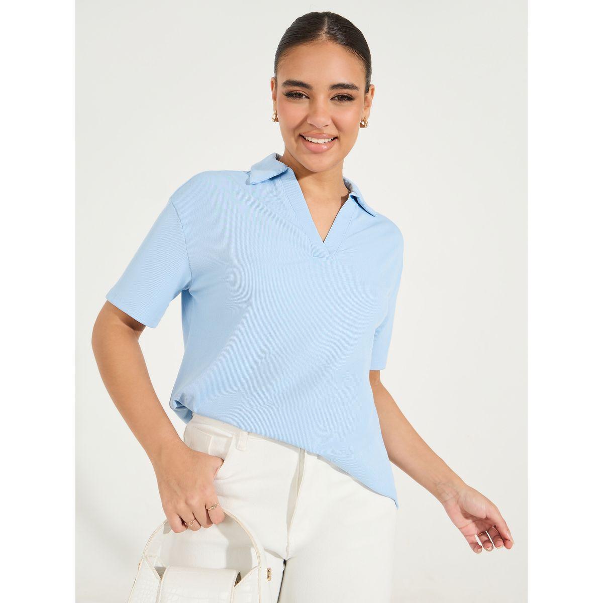 Styli Rib Regular Fit Collared Neck Polo T-Shirt-women-clothing-tshirts-image-1