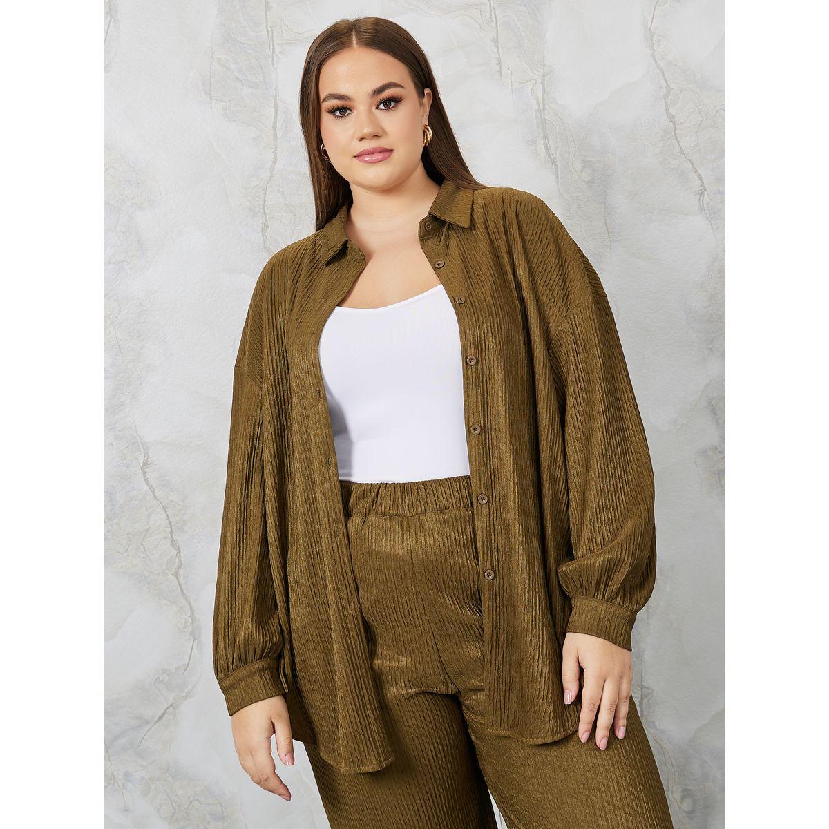 Styli Plus Textured Longline Shirt & Wide Leg Pants Co-Ords-women-clothing-dresses-image-3