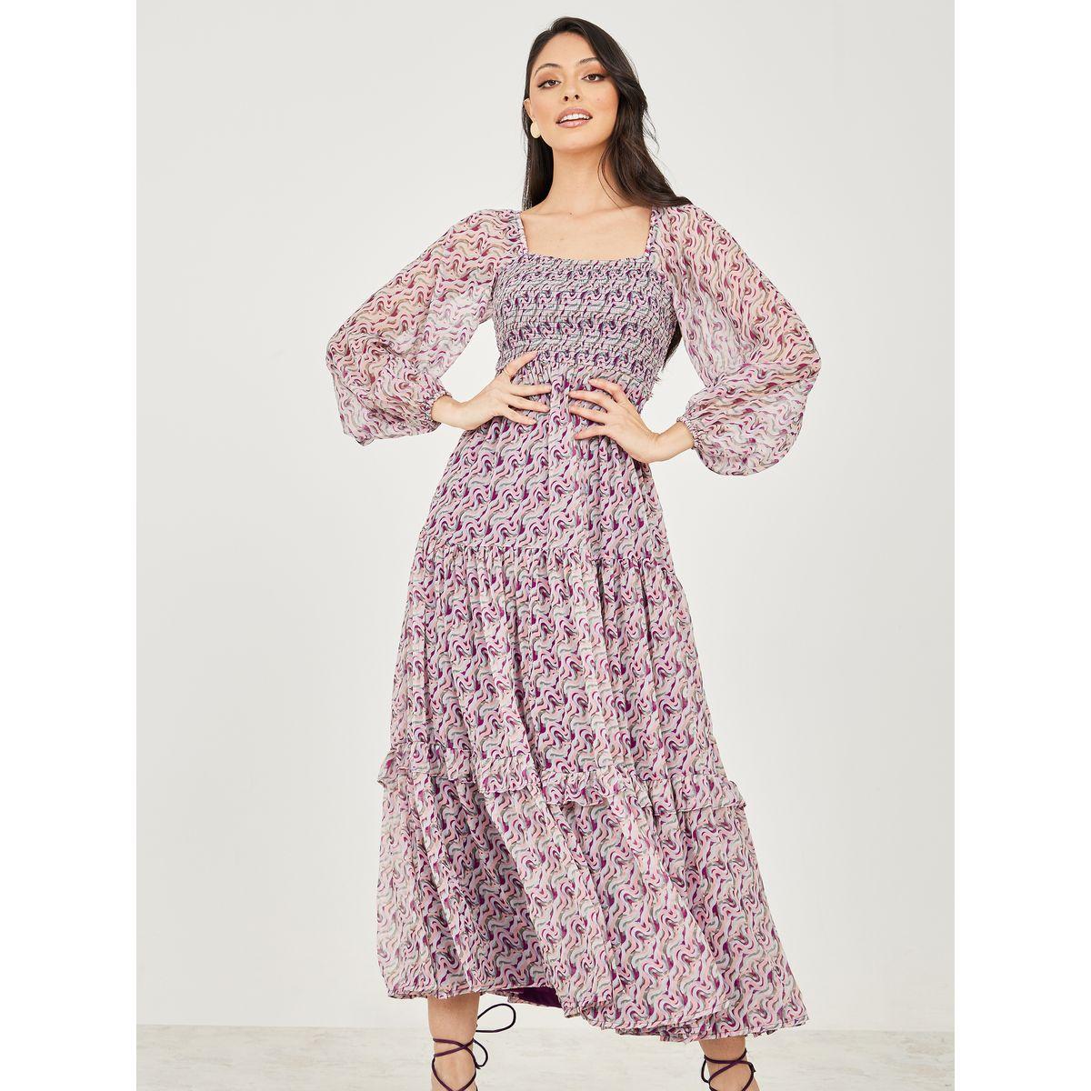 Styli Abstract Print Sheer Sleeve A-Line Maxi Dress-women-clothing-dresses-image-1