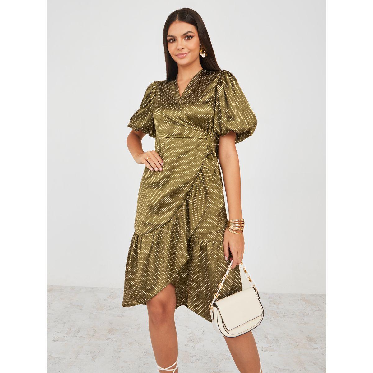 Styli Polka Dot Satin Wrap Knee Length Dress-women-clothing-dresses-image-1
