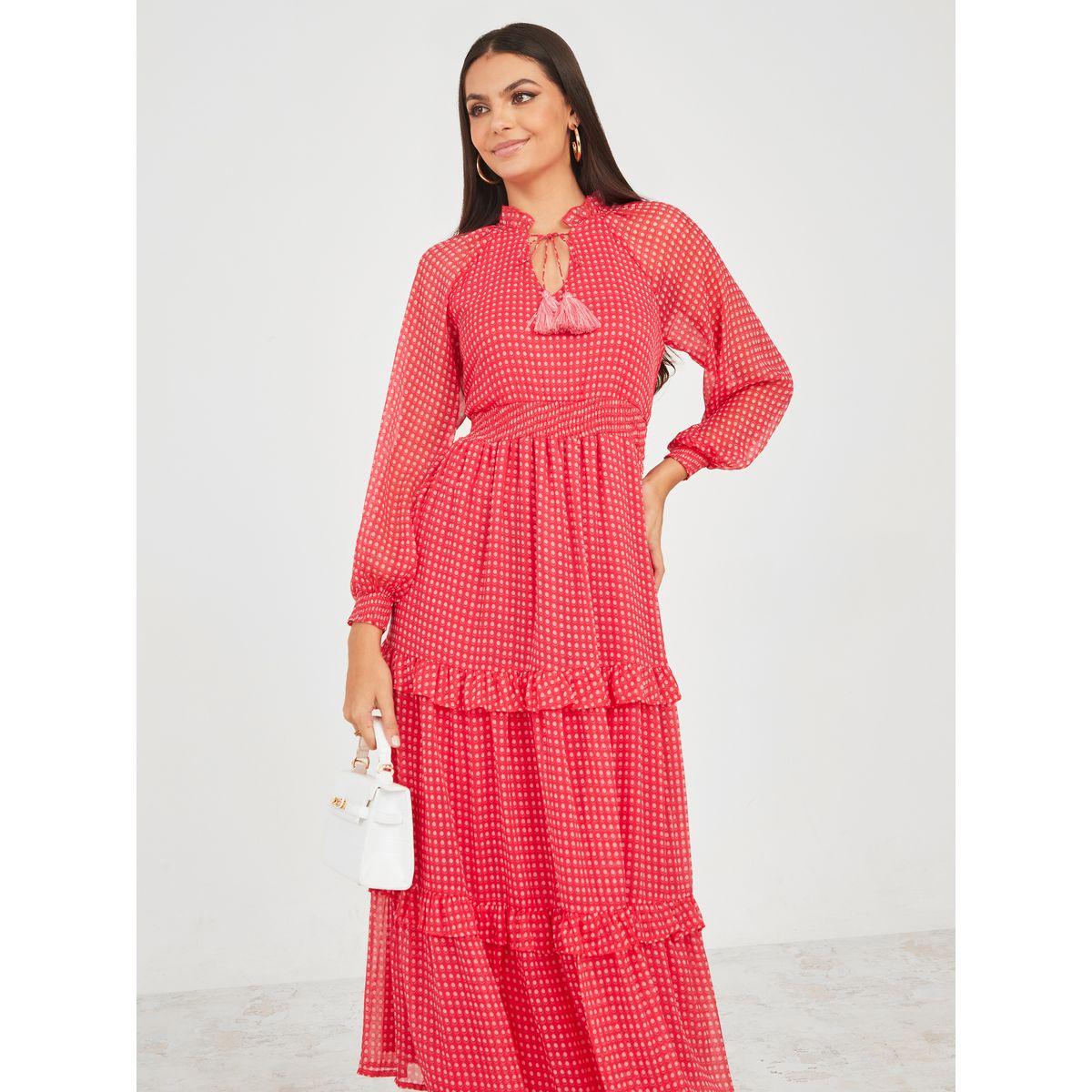 Styli Polka Dot Tie-Up Neck Tiered Maxi Dress-women-clothing-dresses-image-2