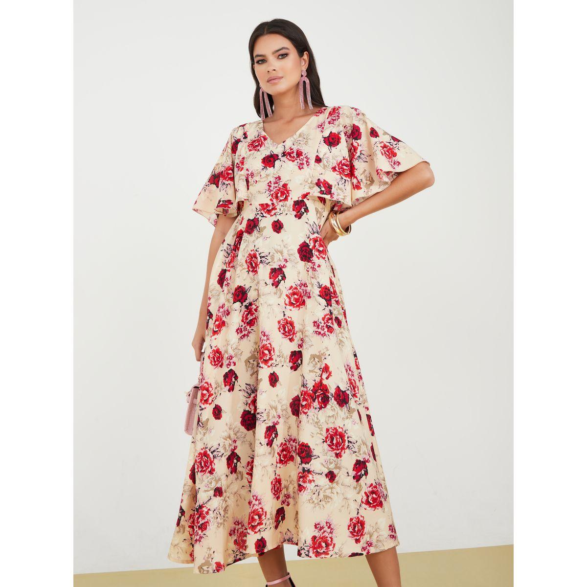 Styli Flare Sleeves Floral Print A-Line Maxi Dress-women-clothing-dresses-image-2