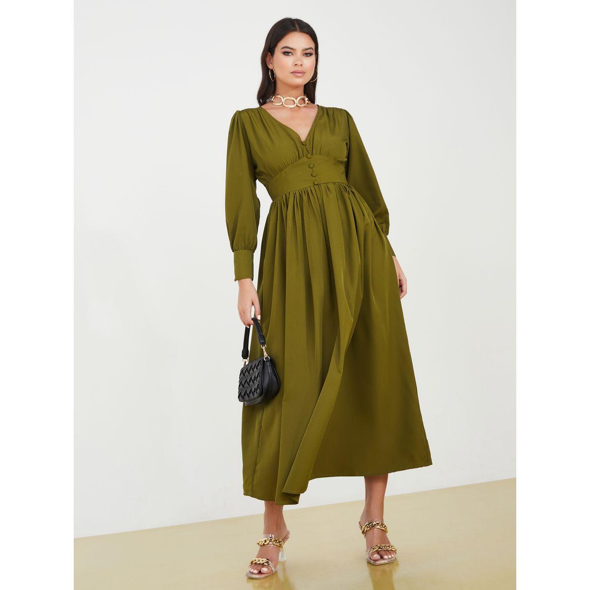 Styli Button Detail V Neck Midi Dress-women-clothing-dresses-image-1
