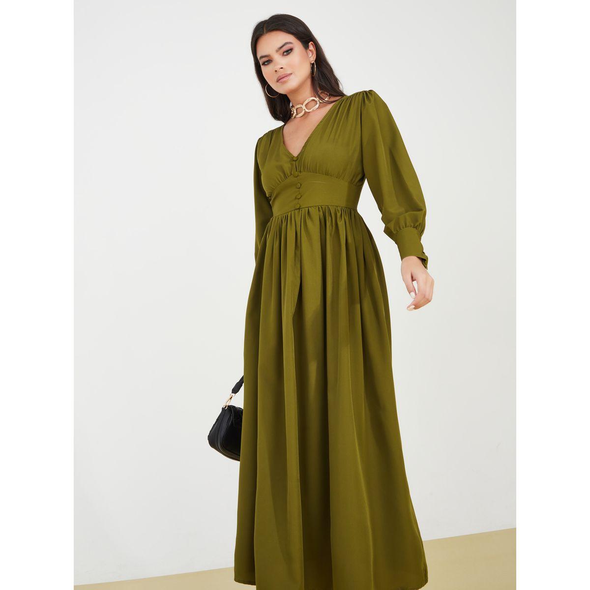 Styli Button Detail V Neck Midi Dress-women-clothing-dresses-image-2