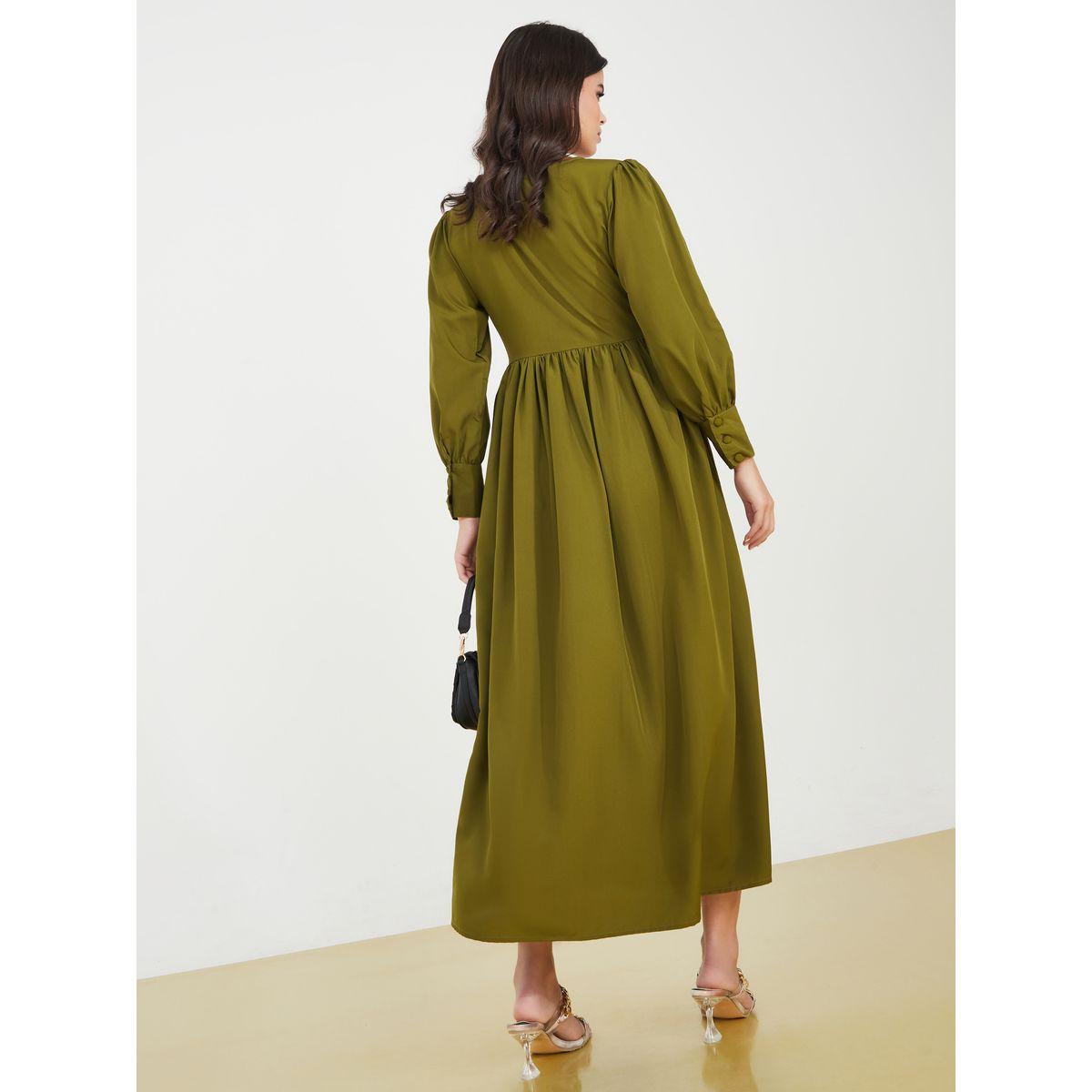 Styli Button Detail V Neck Midi Dress-women-clothing-dresses-image-4