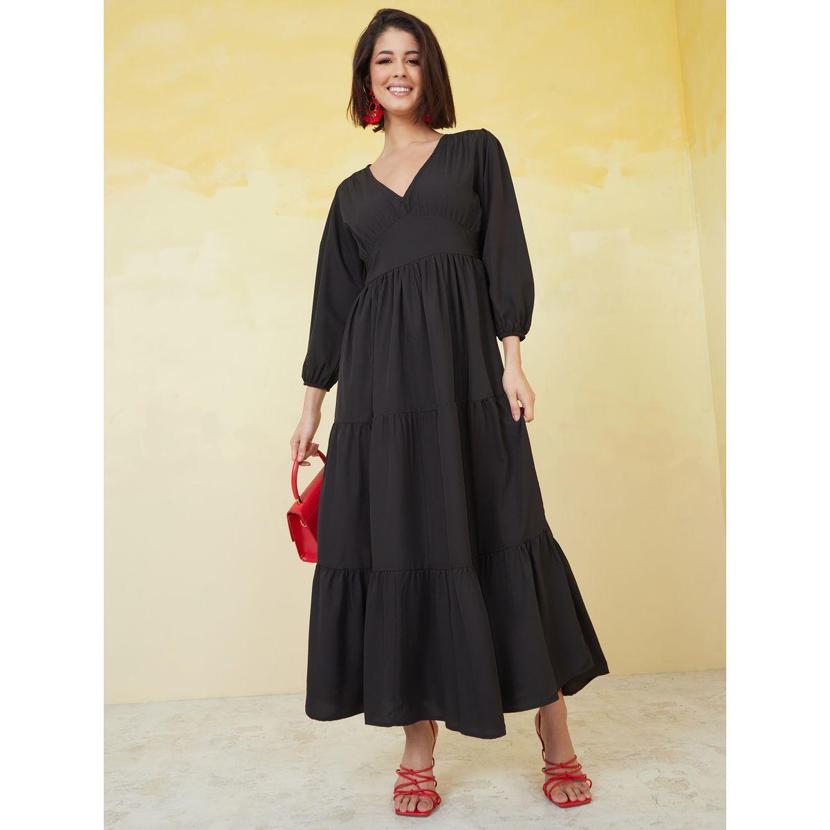 Styli Solid V Neck Tiered Maxi Dress-women-clothing-dresses-image-1