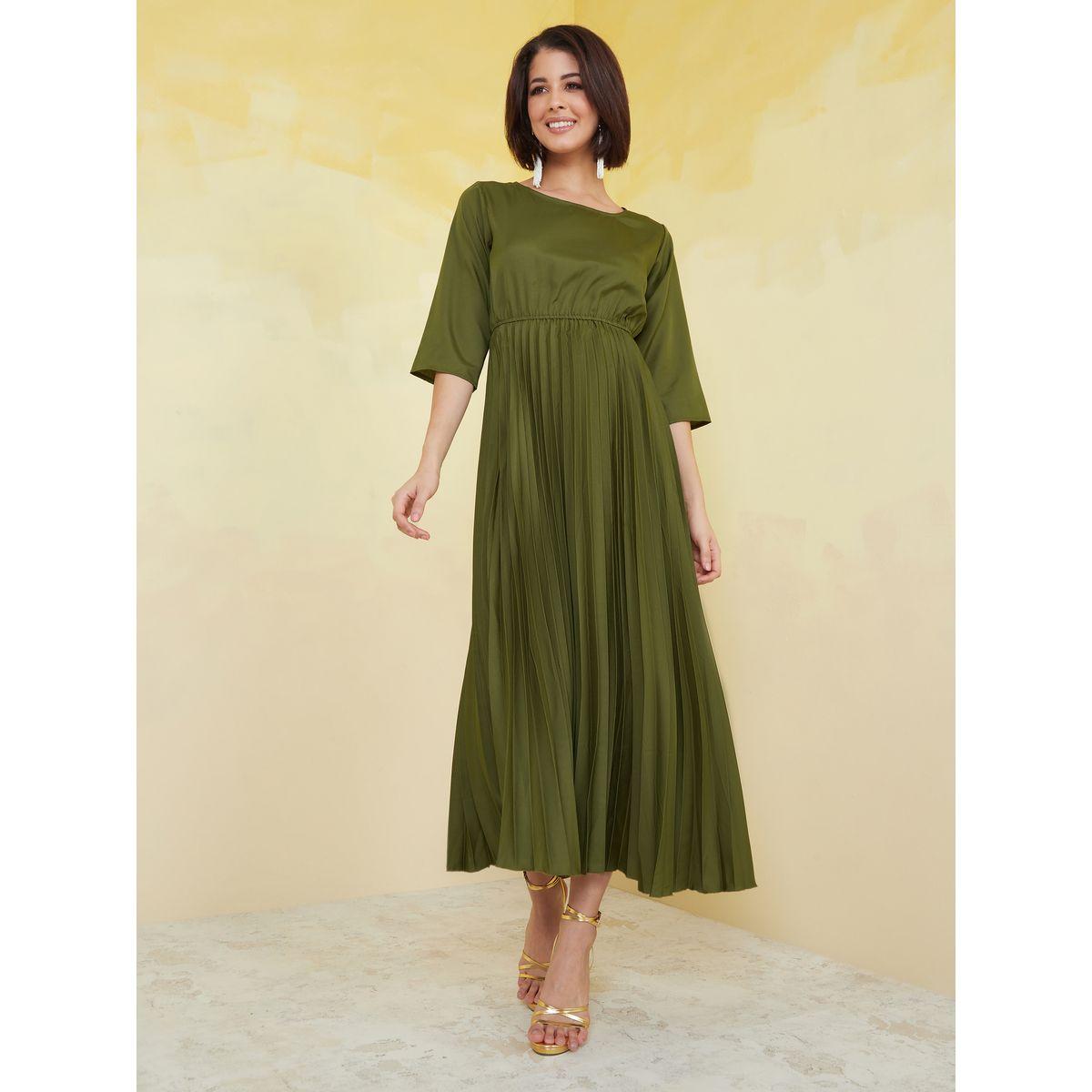 Styli 3/4 Sleeve Pleated A-Line Maxi Dress-women-clothing-dresses-image-1
