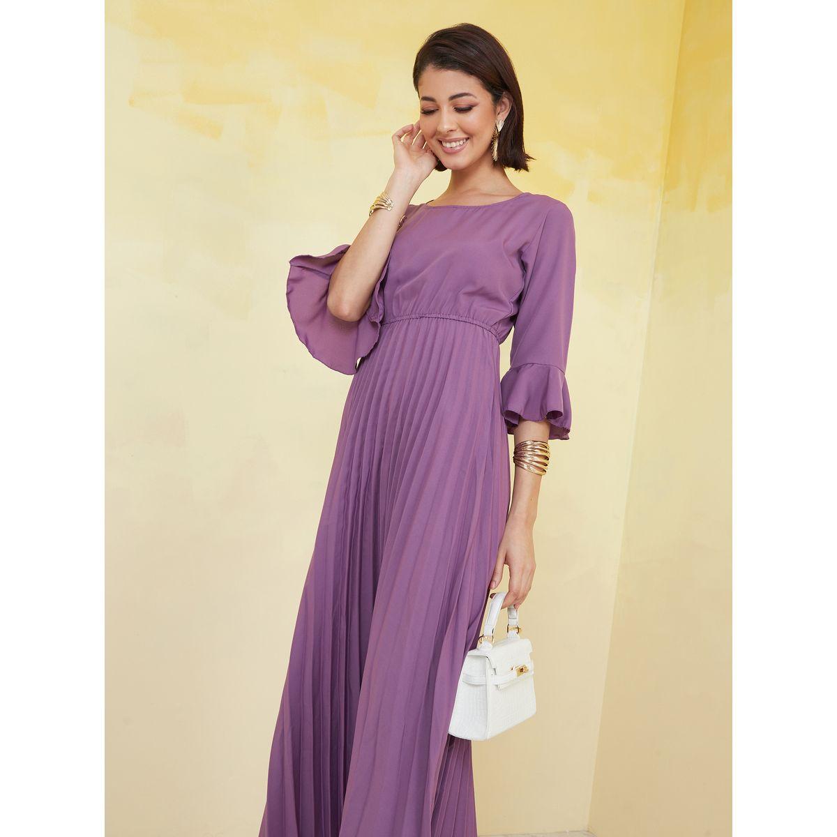 فستان طويل بكسرات واكمام جرس-women-clothing-dresses-image-2