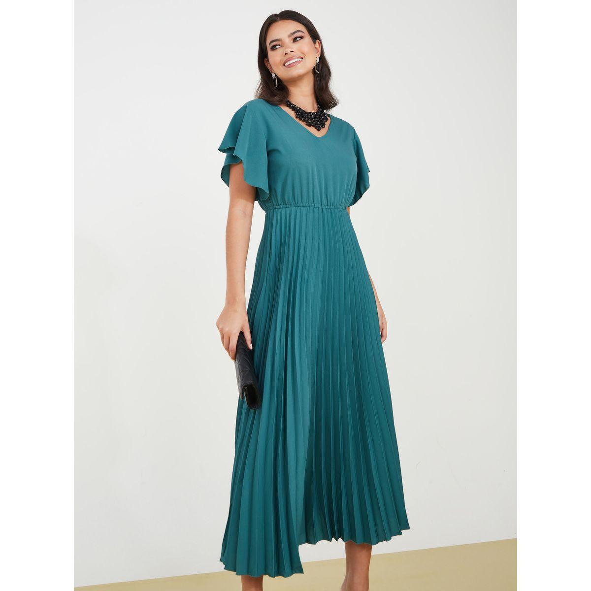 Styli Solid Accordion Pleated Midi Dress-women-clothing-dresses-image-1