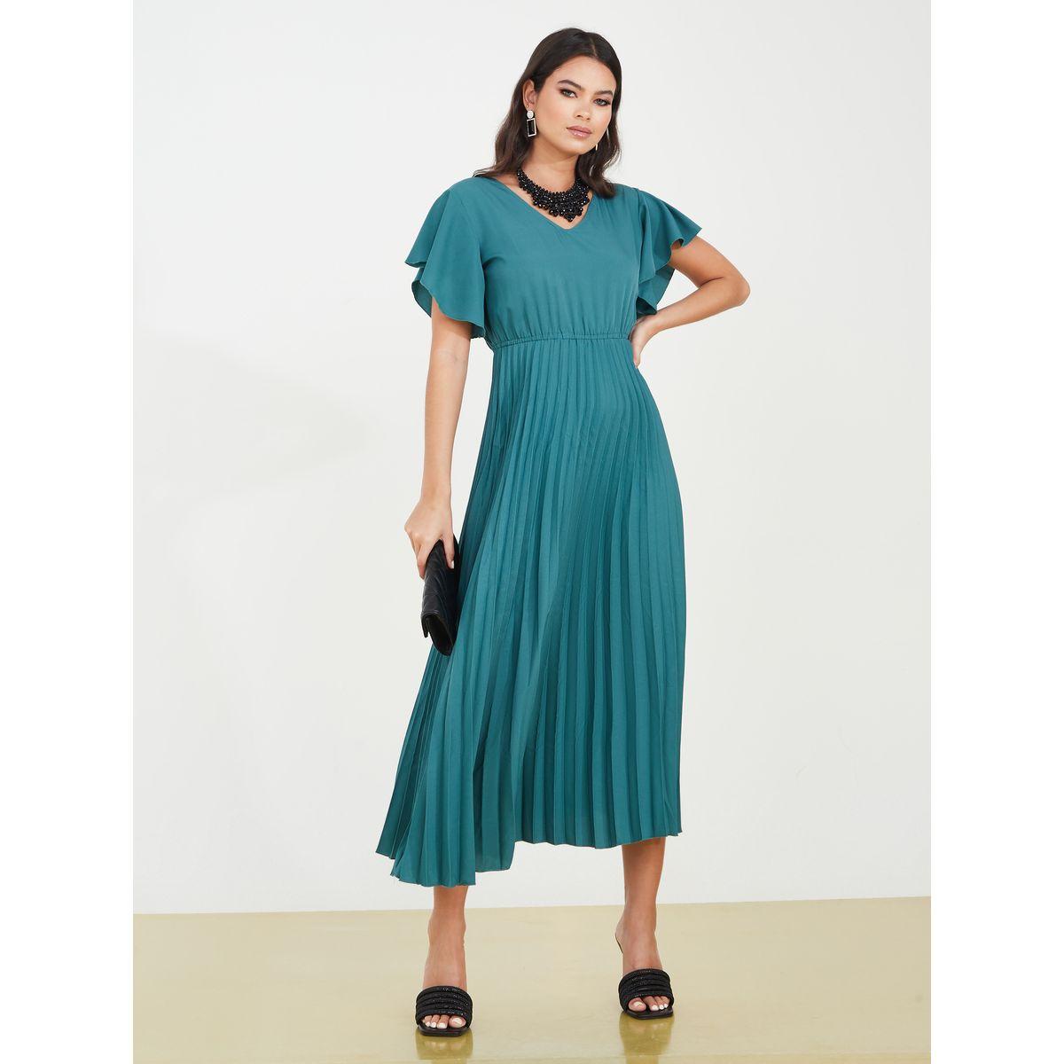فستان ميدي سادة مزين بكسرات-women-clothing-dresses-image-2