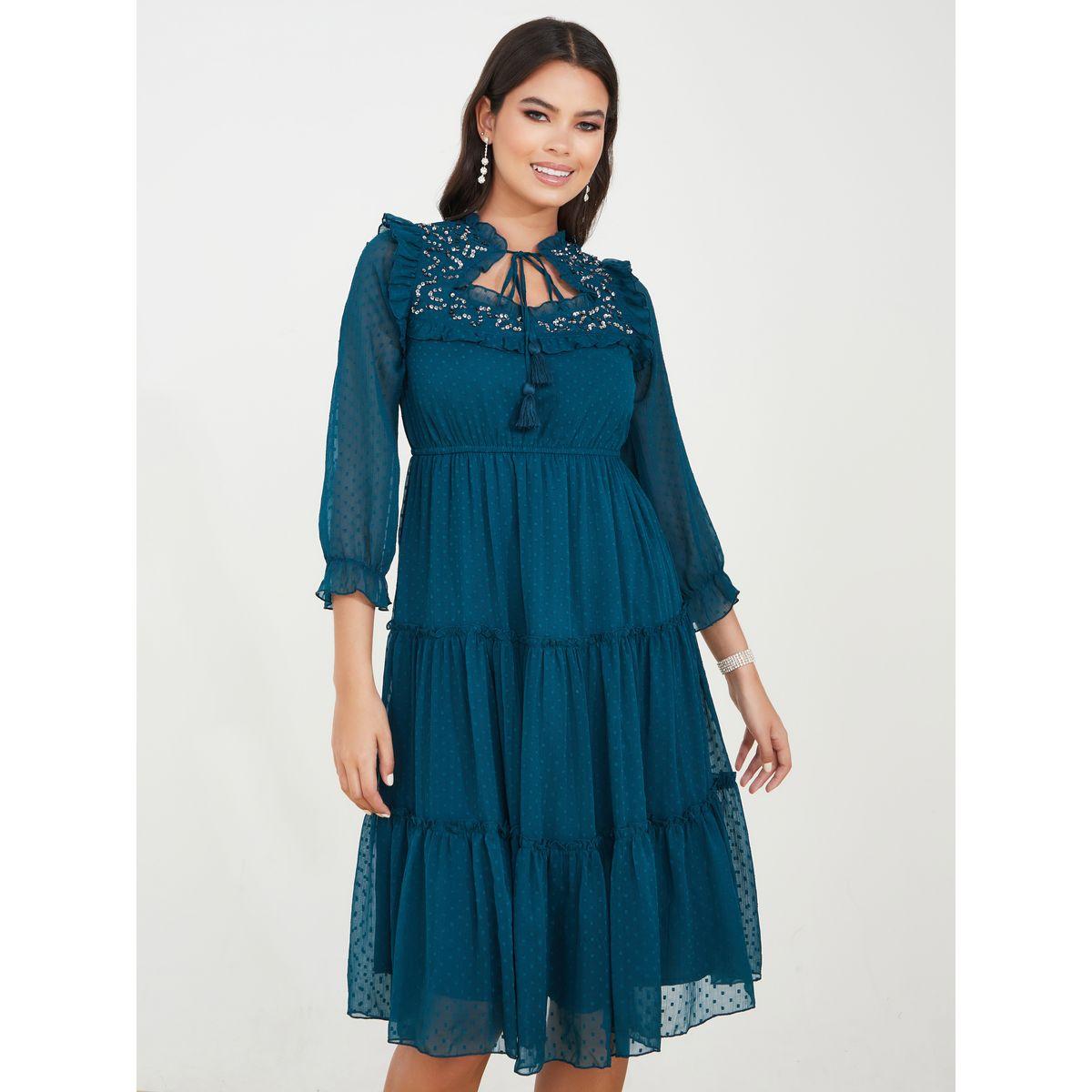 Styli Sequin Detail Tie-Up Neck Dobby Knee Length Dress-women-clothing-dresses-image-1