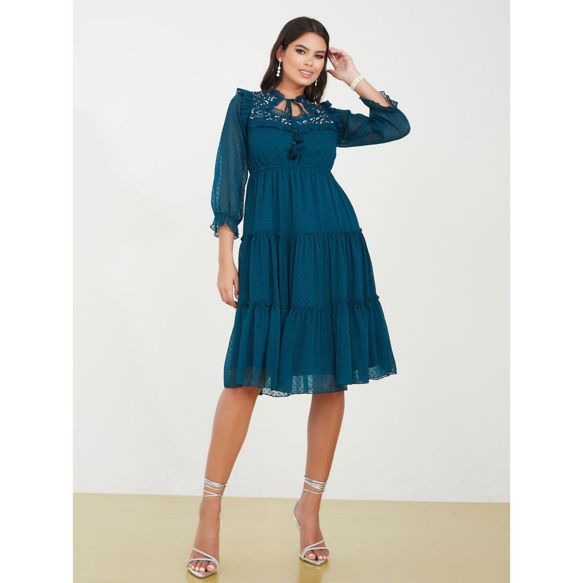 Styli Sequin Detail Tie-Up Neck Dobby Knee Length Dress-women-clothing-dresses-image-2