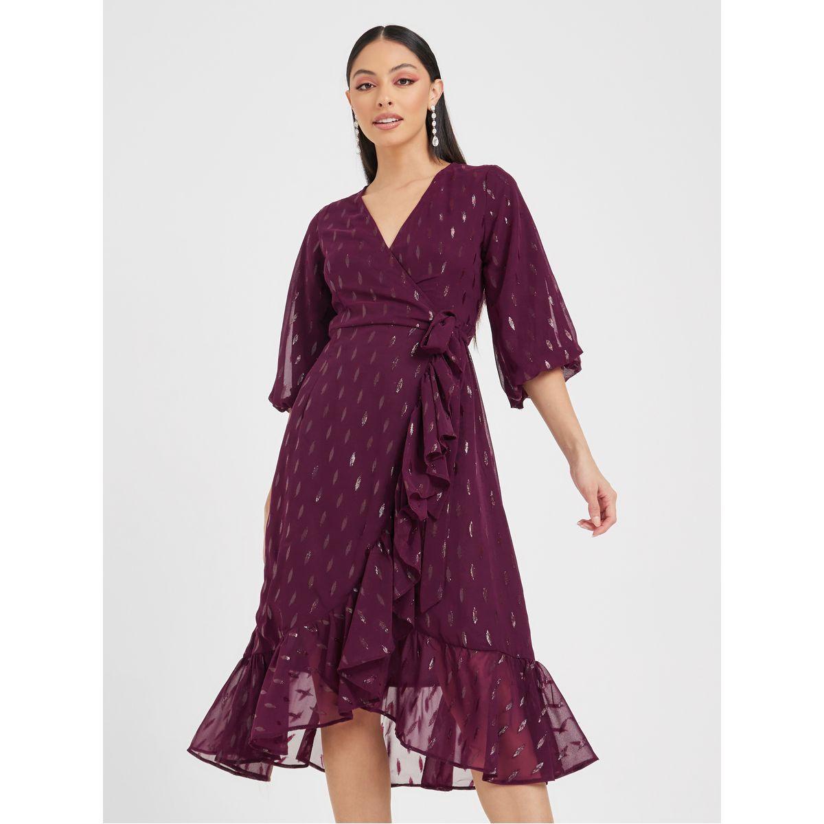 Styli 3/4 Sleeve Self Design Wrap Midi Dress-women-clothing-dresses-image-1