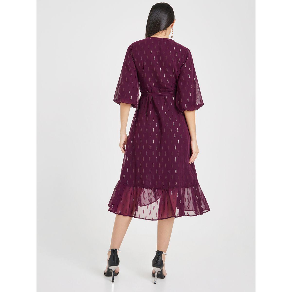 Styli 3/4 Sleeve Self Design Wrap Midi Dress-women-clothing-dresses-image-4