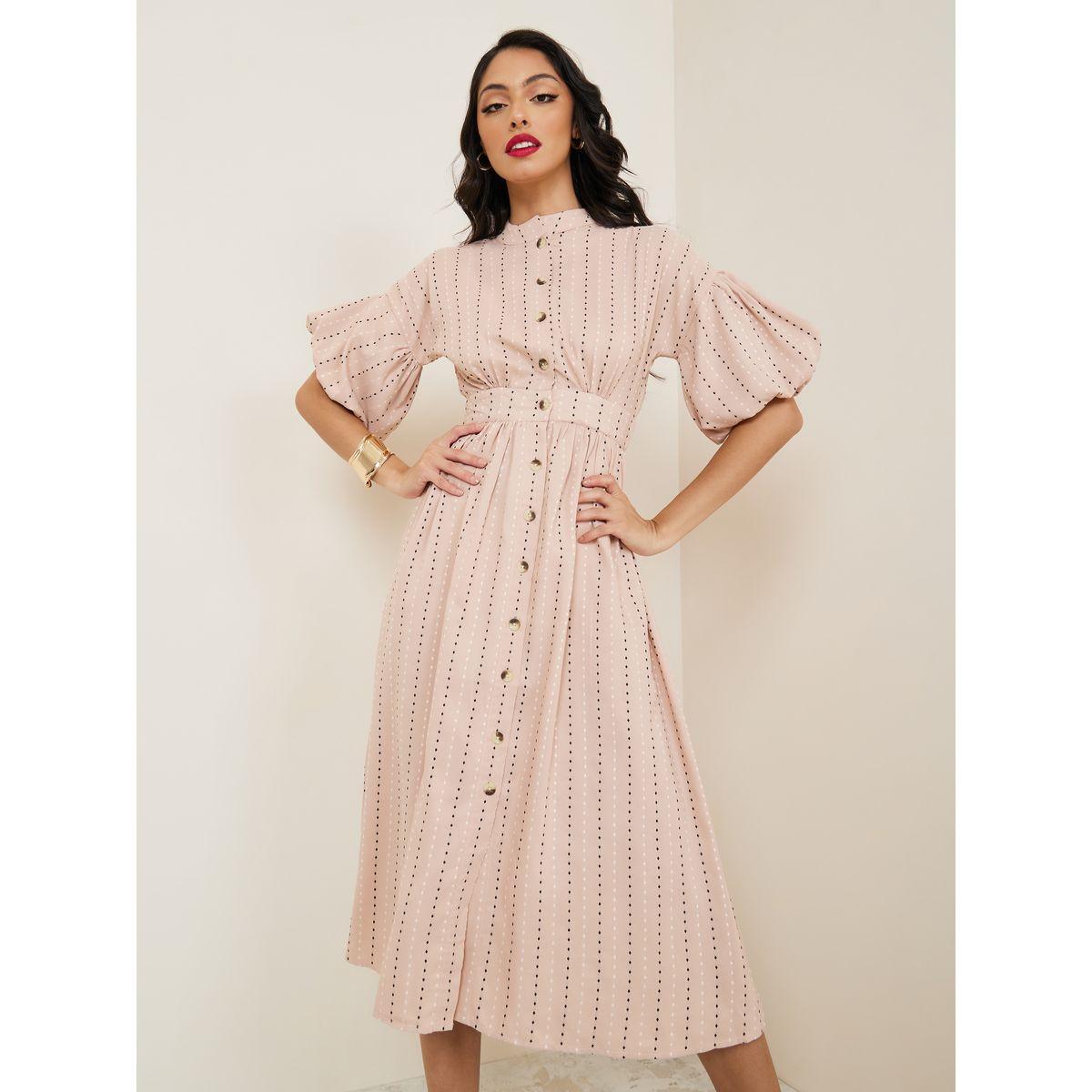 Styli Ditsy Print Shirt Midi Dress with Button Placket-women-clothing-dresses-image-1