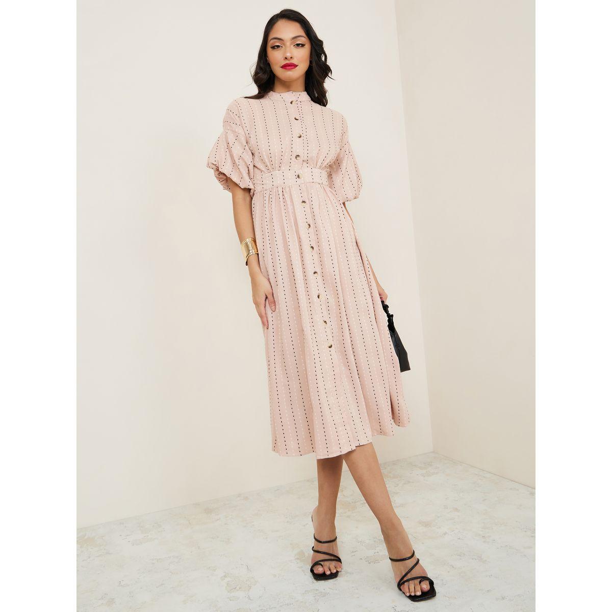 Styli Ditsy Print Shirt Midi Dress with Button Placket-women-clothing-dresses-image-2