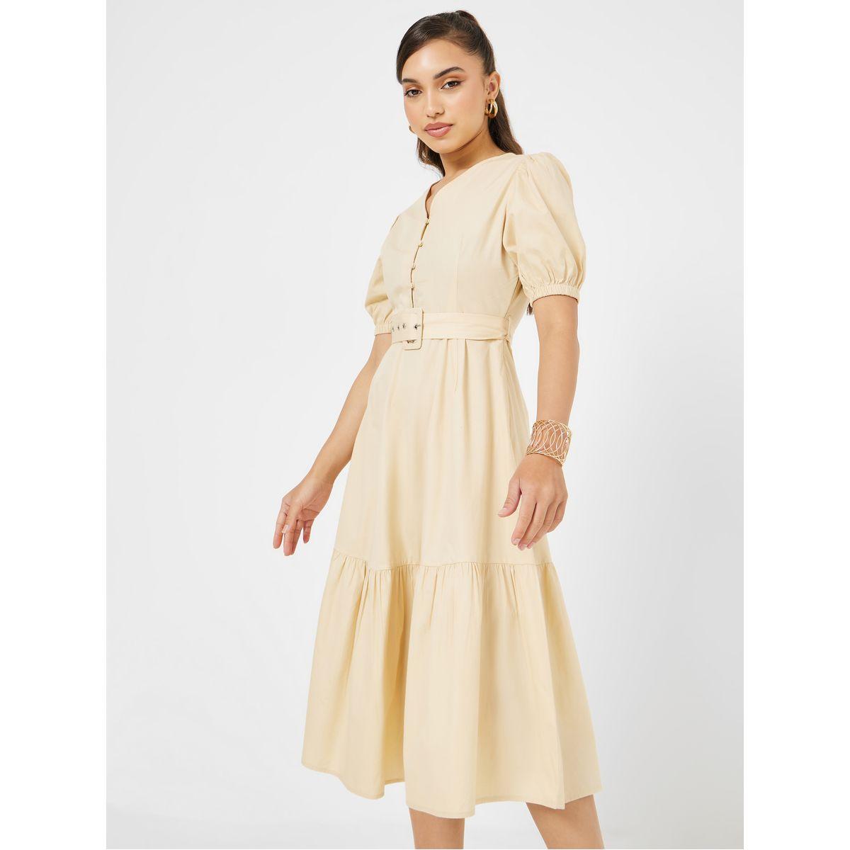 Styli Cotton Puff Sleeve Belted A-Line Midi Dress-women-clothing-dresses-image-1