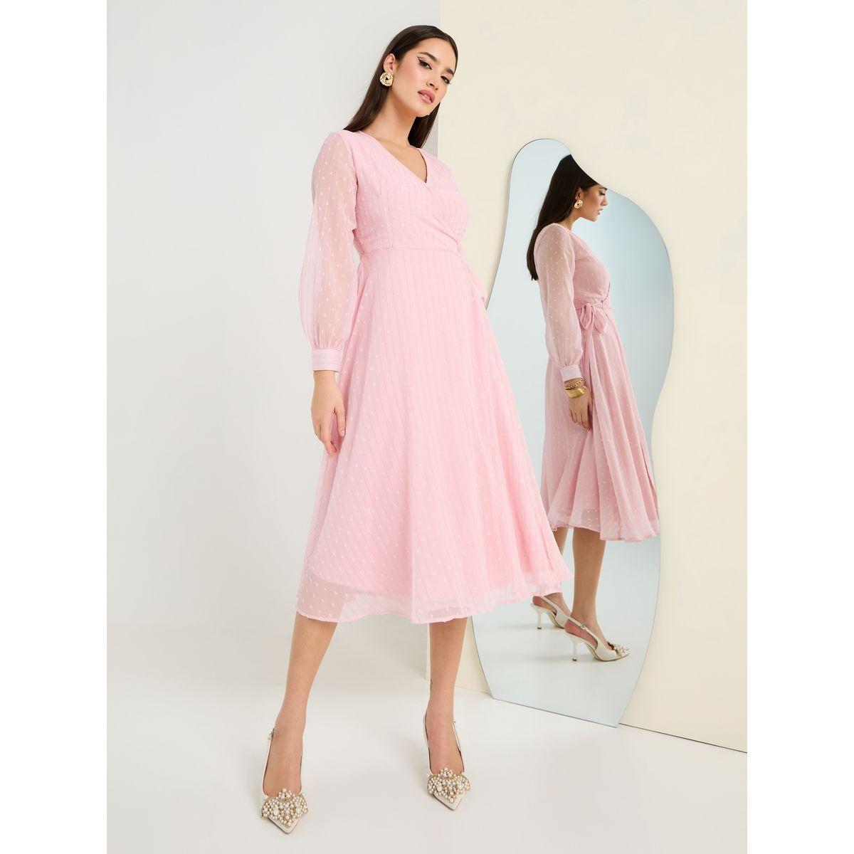 Styli Dobby Sheer Wrap Midi Dress-women-clothing-dresses-image-1