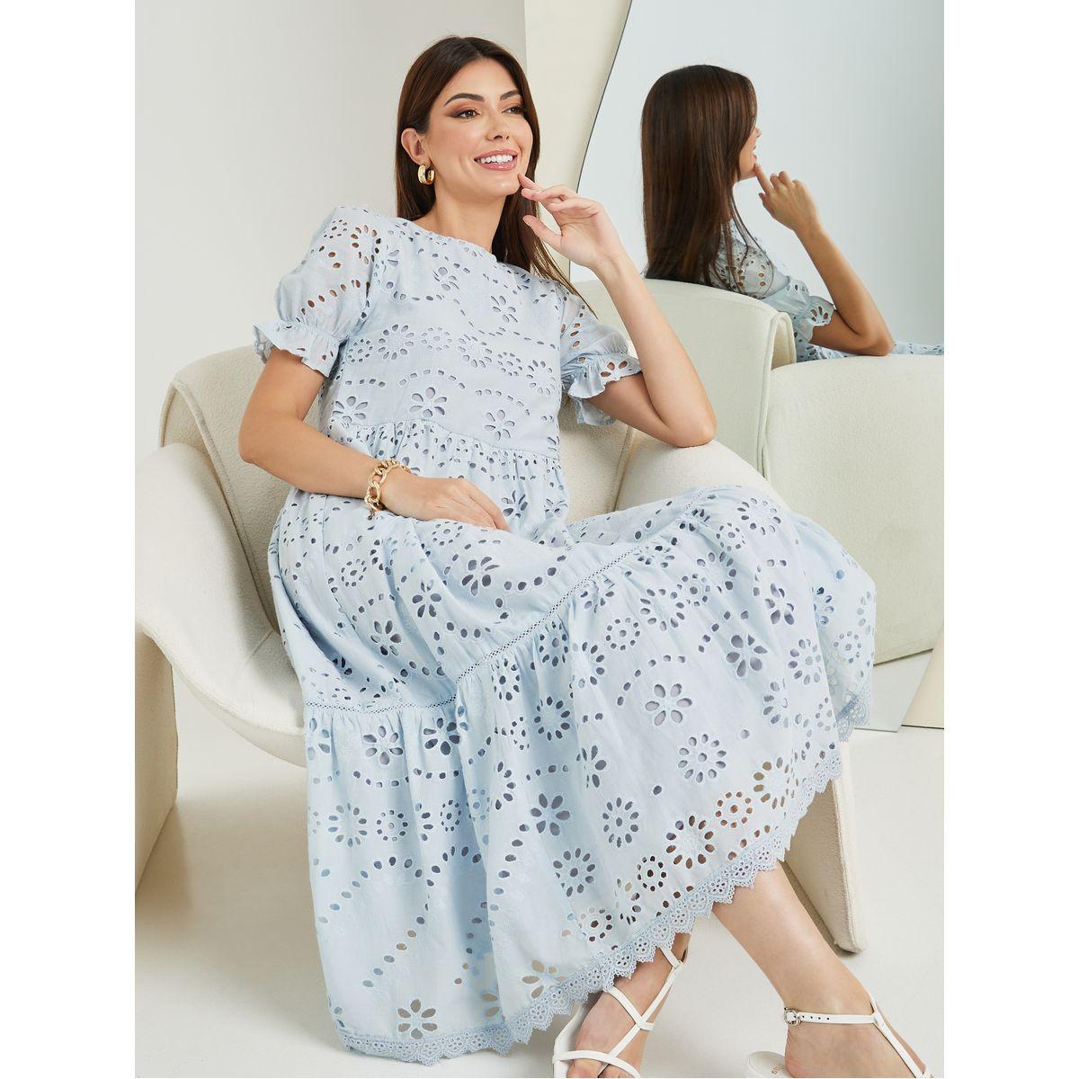 Styli Schiffli Puff Sleeve A-Line Midi Dress-women-clothing-dresses-image-1