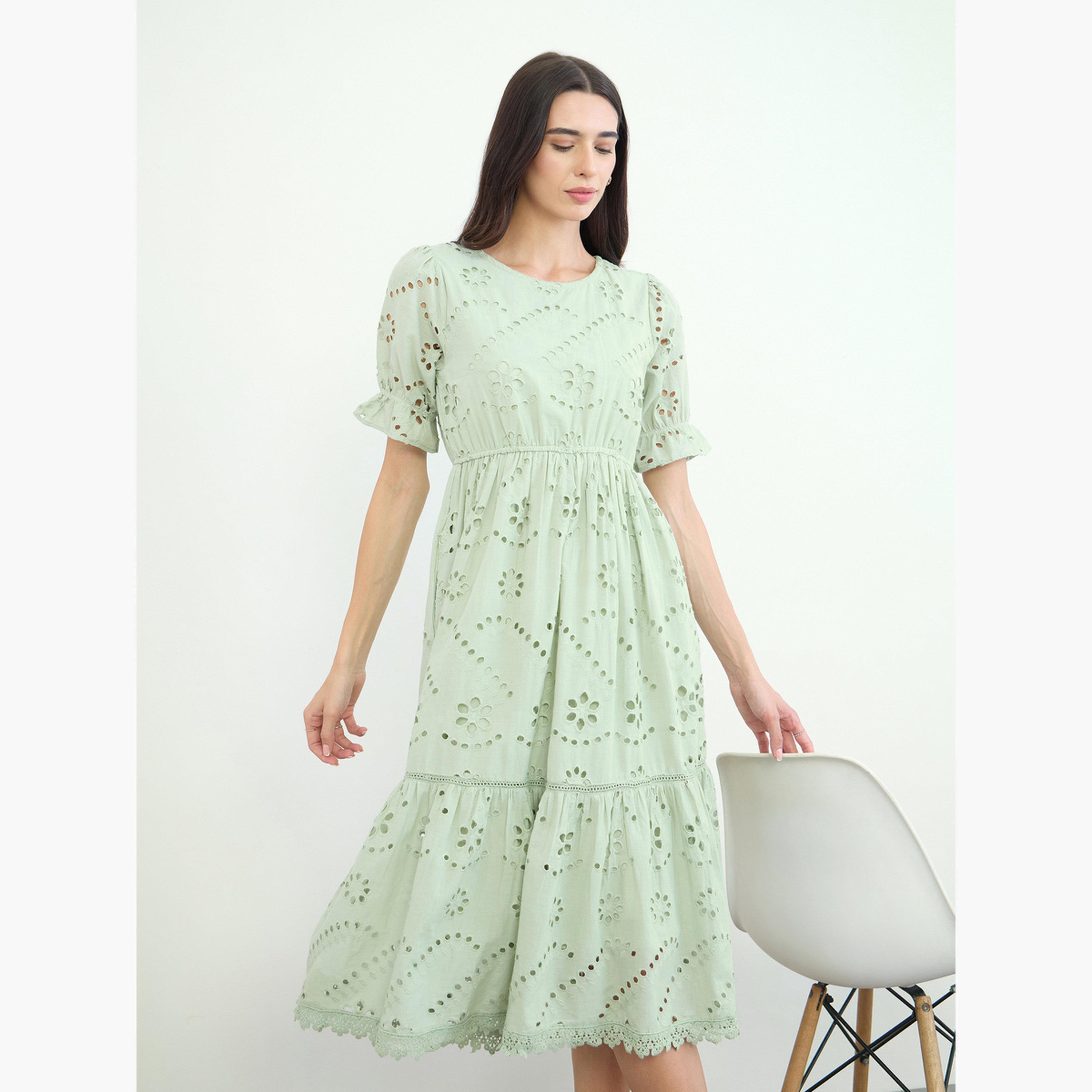Styli Green Schiffli Puff Sleeve A-Line Midi Dress-women-clothing-dresses-image-1