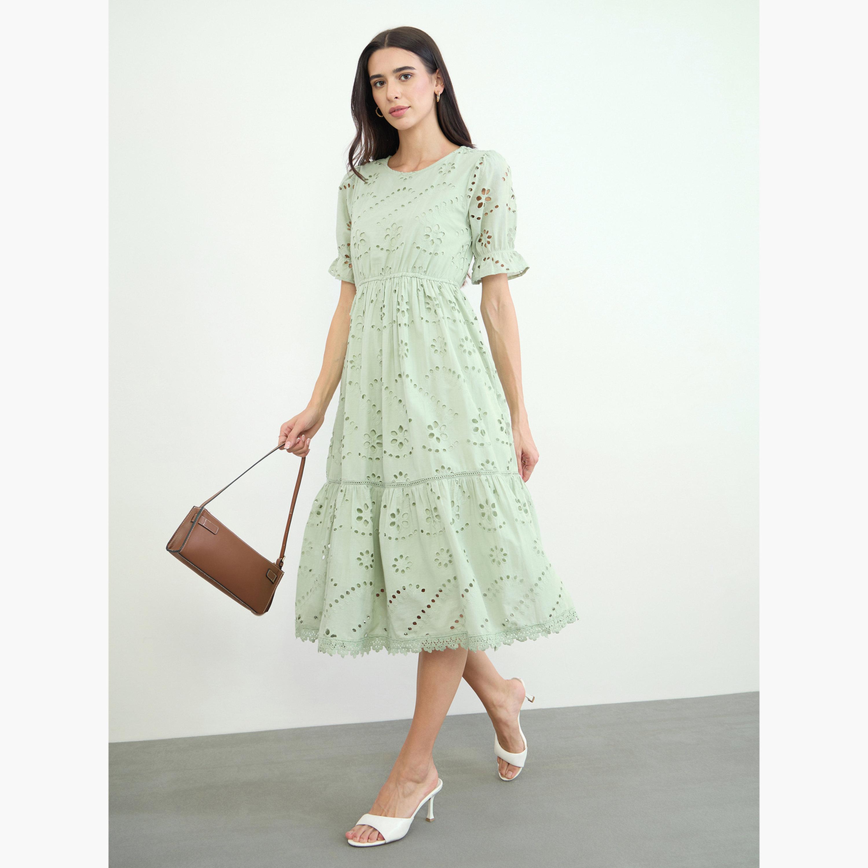 Styli Green Schiffli Puff Sleeve A-Line Midi Dress-women-clothing-dresses-image-2
