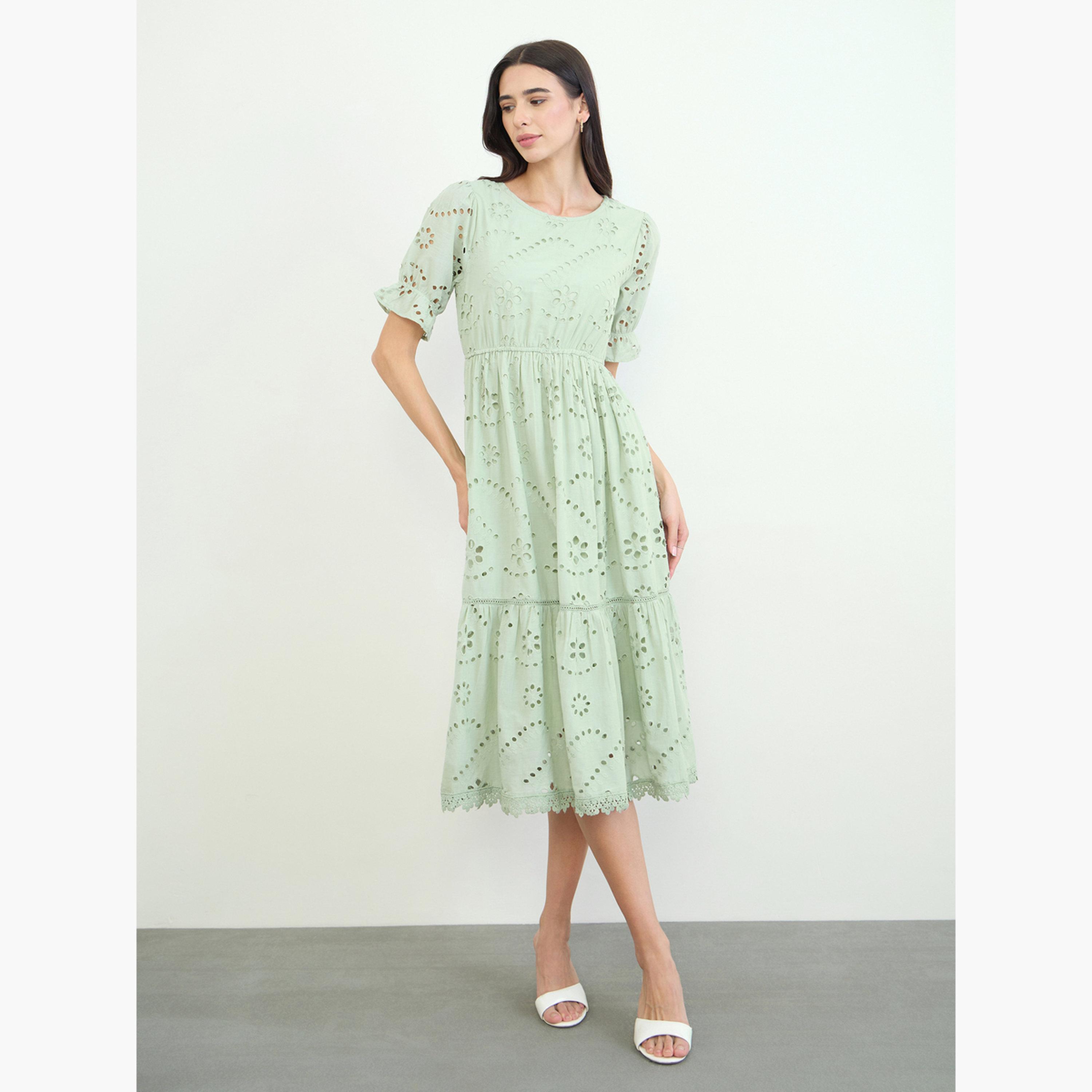 Styli Green Schiffli Puff Sleeve A-Line Midi Dress-women-clothing-dresses-image-3
