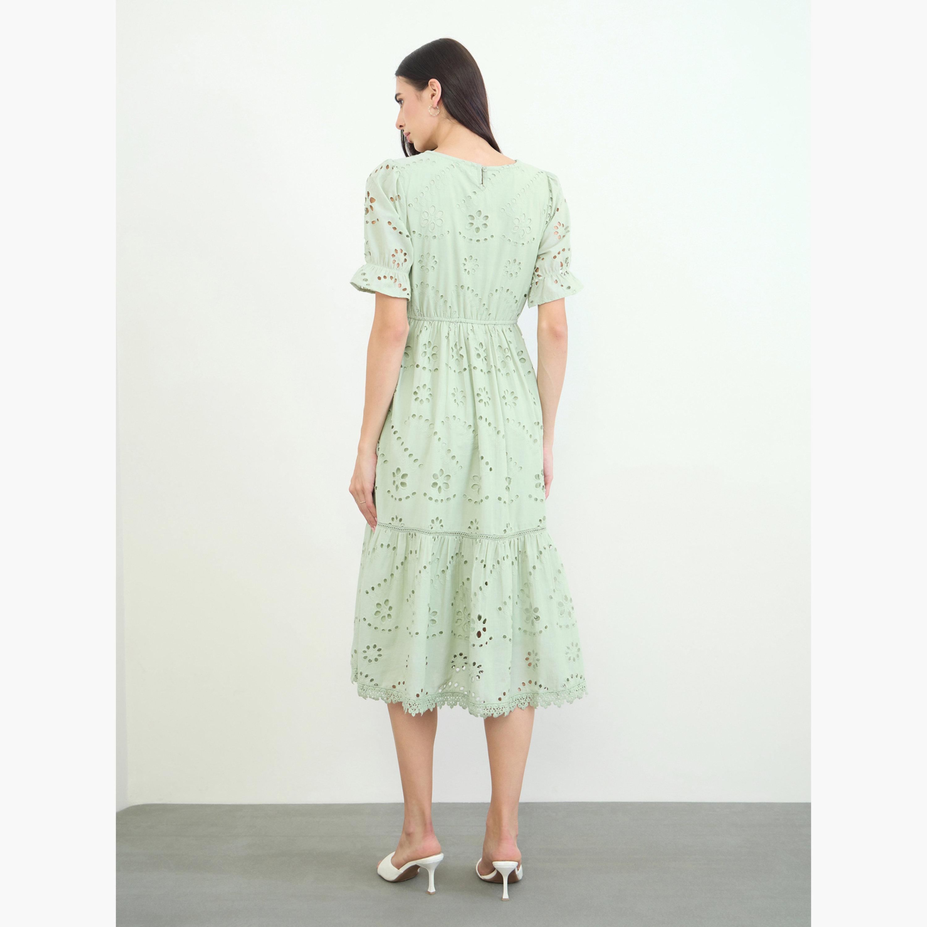 Styli Green Schiffli Puff Sleeve A-Line Midi Dress-women-clothing-dresses-image-4